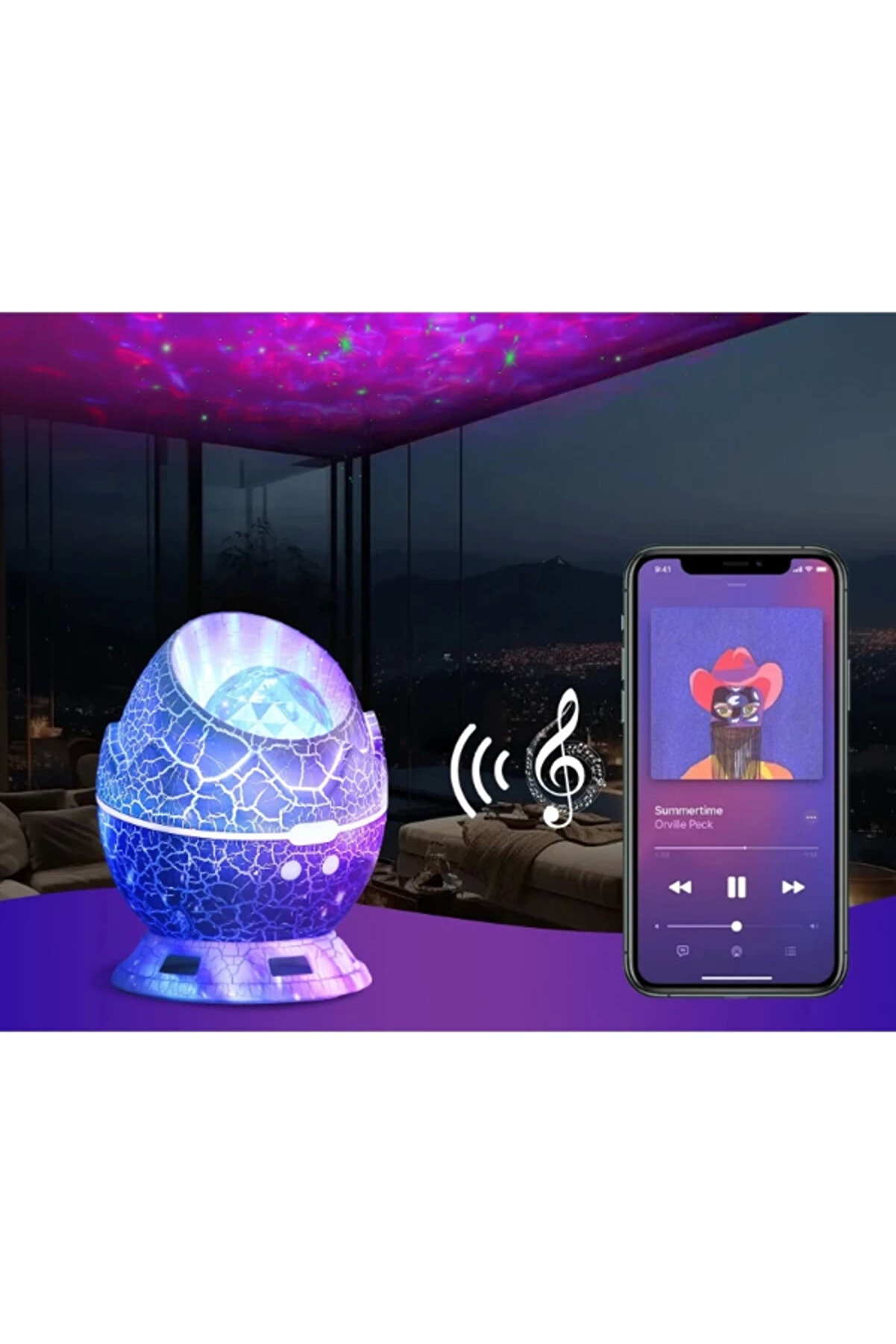 Çatlak Di̇nozor Yumurtası Tasarımlı Projektörlü Gece Lambası Bluetooth Özelli̇kli̇