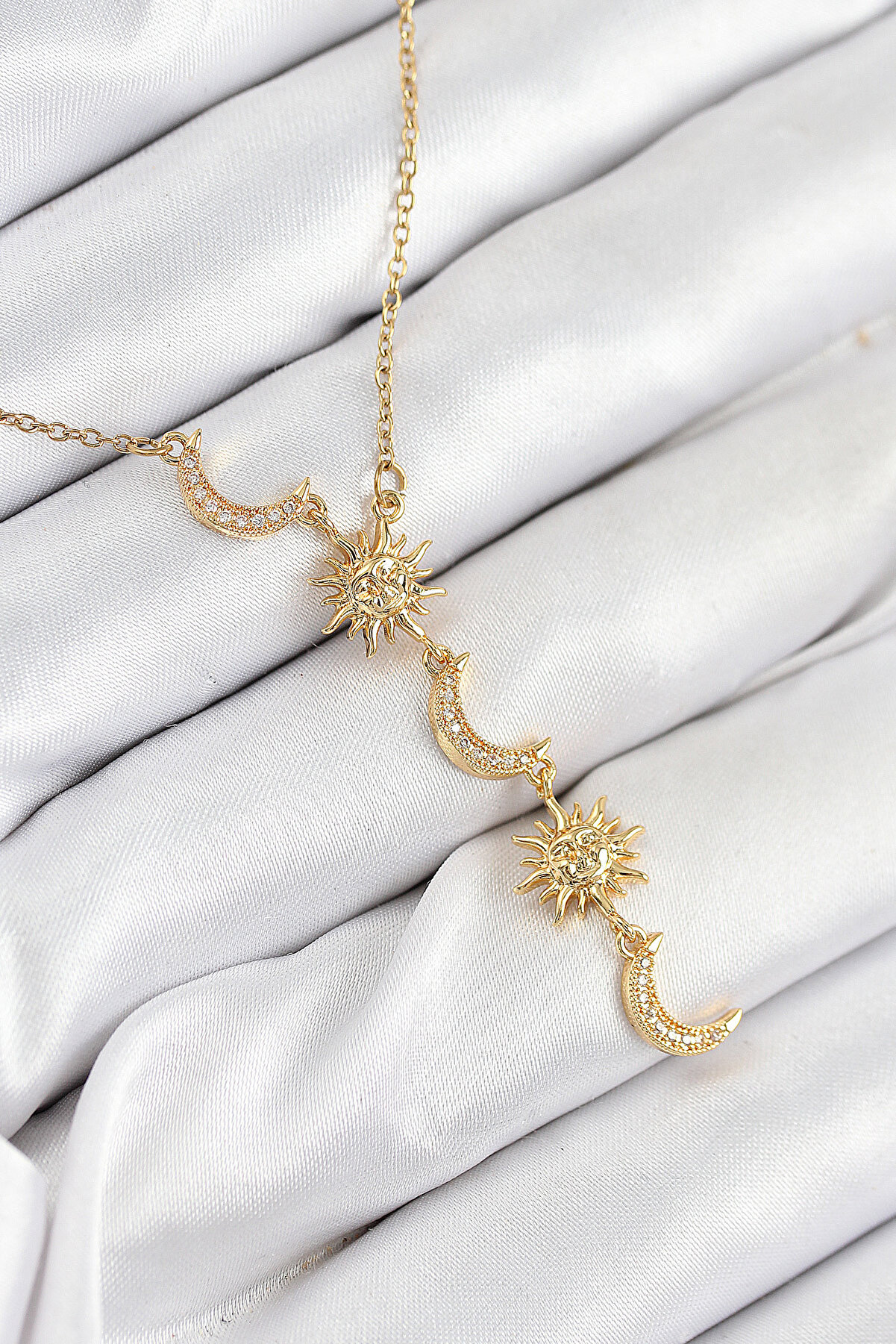 Toptan Bulurum 316L Çelik Zirkon Taşlı Güneş Ve Ay Model Gold Renk Kadın Ke