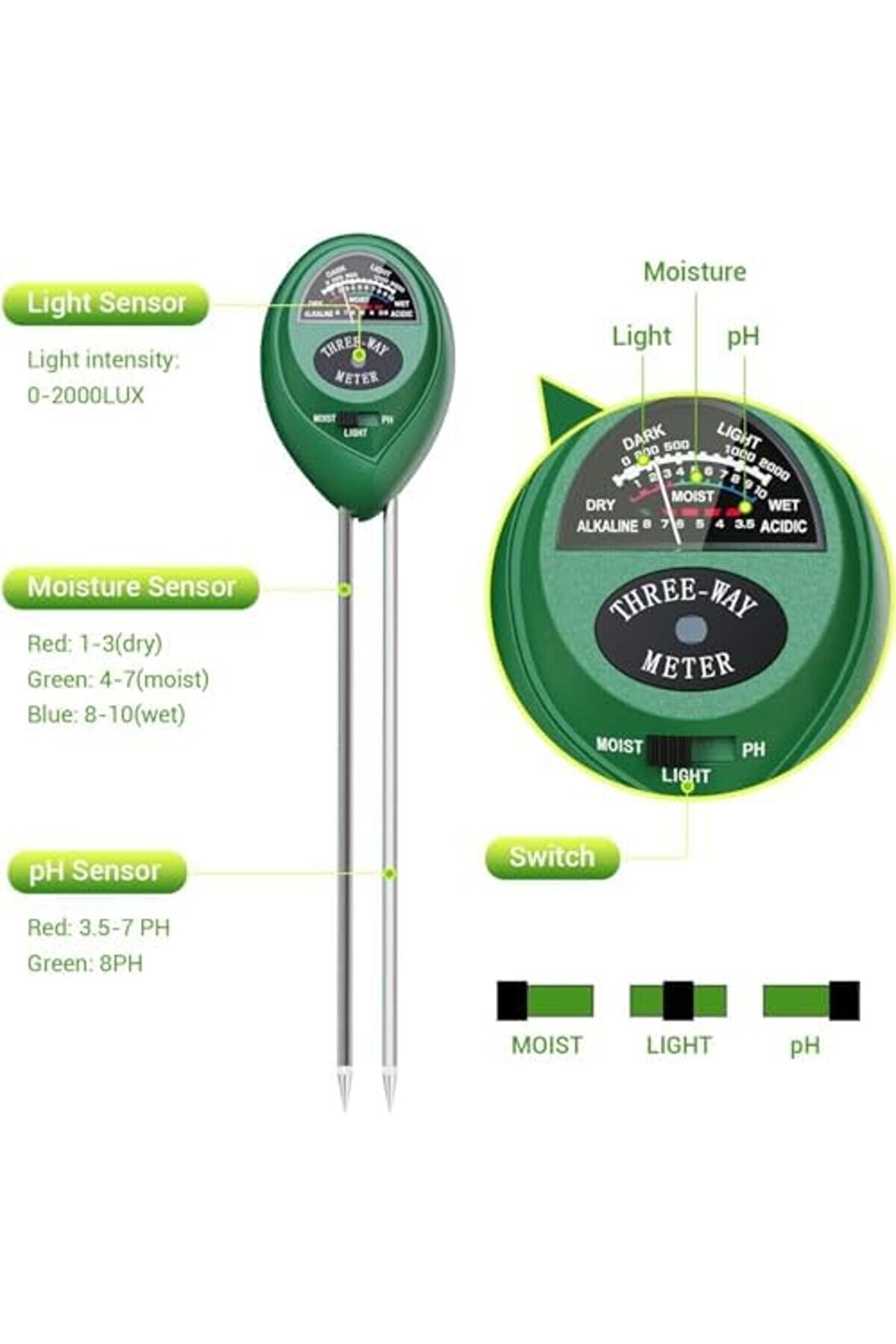 Lvnshop 7811 Toprak Nem Ph Ve Işık Ölçer 3 Ü Bi̇r Arada 224120