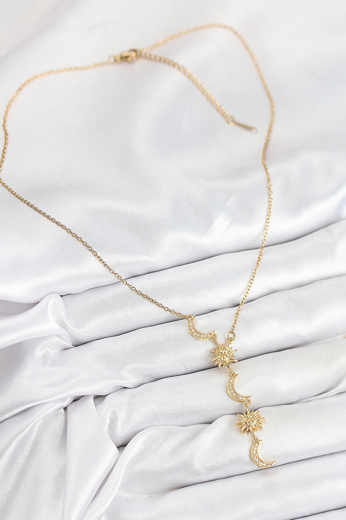 316L Çeli̇k Zi̇rkon Taşlı Güneş Ve Ay Model Gold Renk Kadın Ke