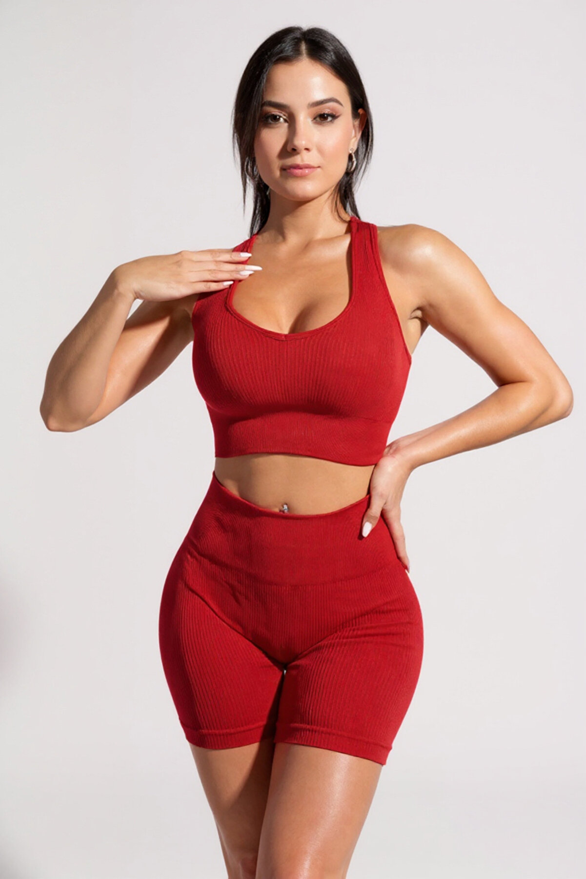 R Rockblack Kadın Kırmızı Y&uuml;ksek Bel &Ccedil;apraz Sırt Detaylı Şortlu Geceli̇k Takım