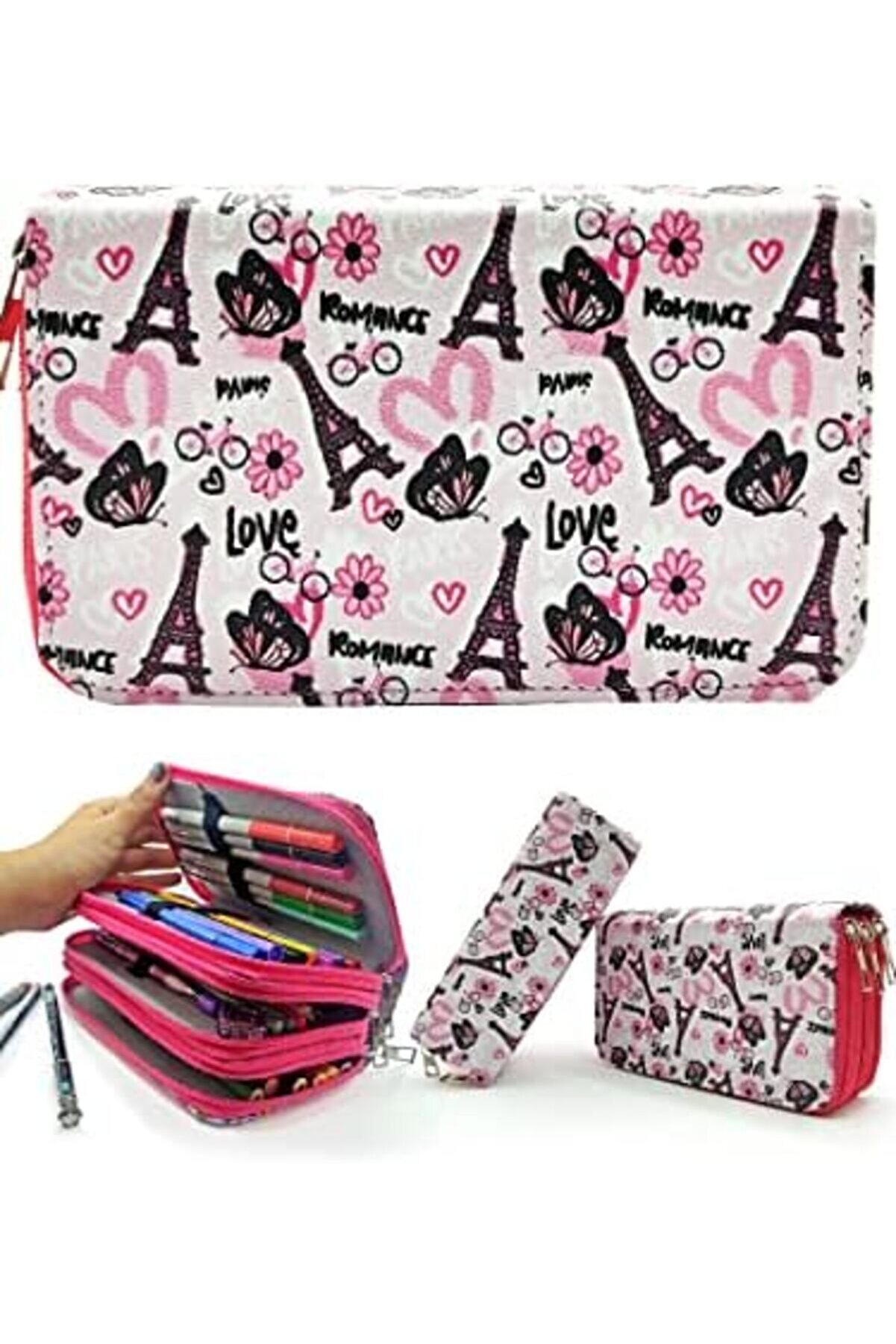 Pltnstoreshop Kalem Kutusu Eyfel Pari̇s Desenli̇ Kawai̇ Organi̇zer Kalemkutu Vegan Deri̇ Üç Bölmeli̇ Kalem