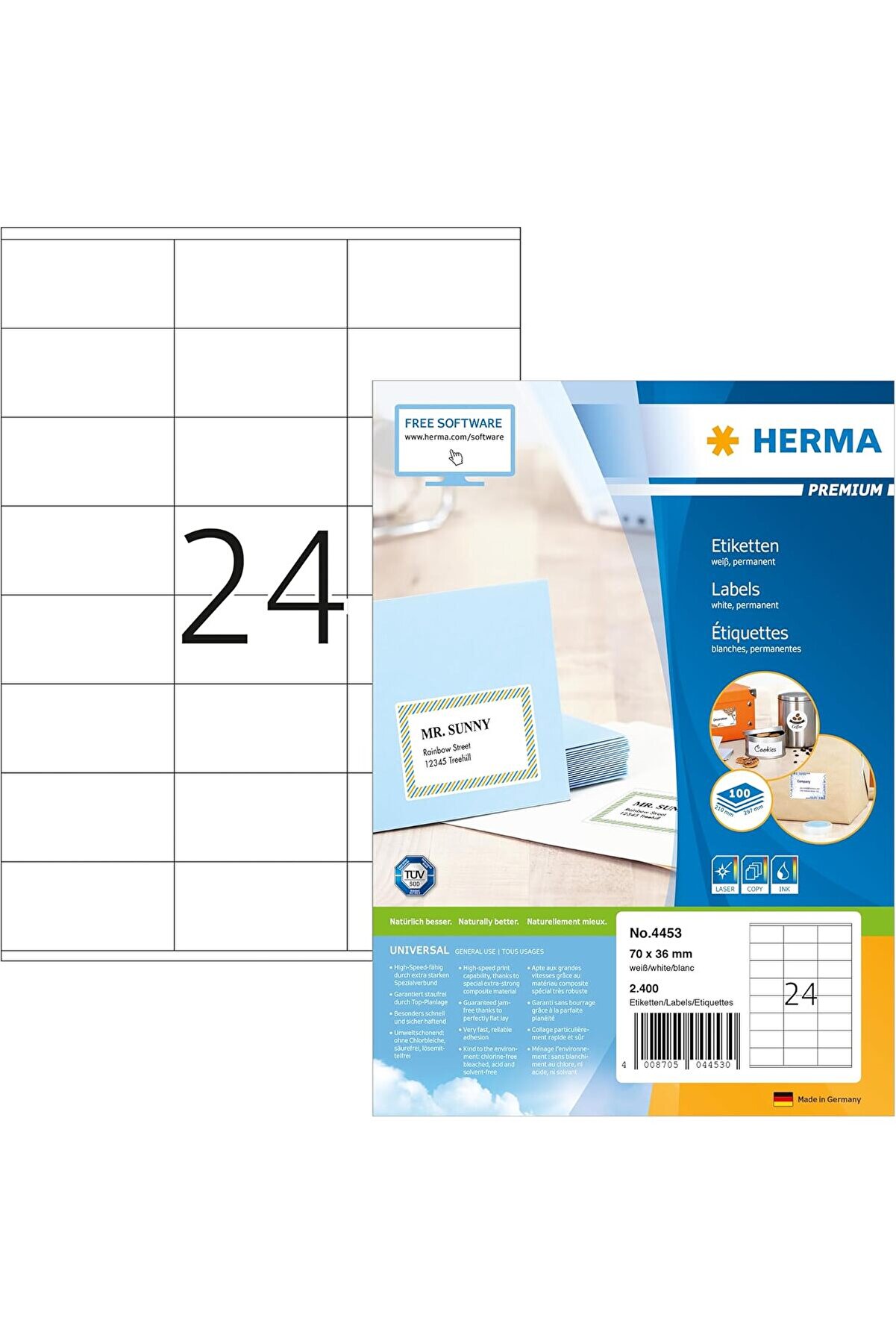 Modashi̇ne 4453 Adres Eti̇keti̇, 100 Yaprak, 70 X 36 Mm, A4 Yaprak Başına 24 Adet, 2400 &Ccedil;ıkartma, Kendi̇