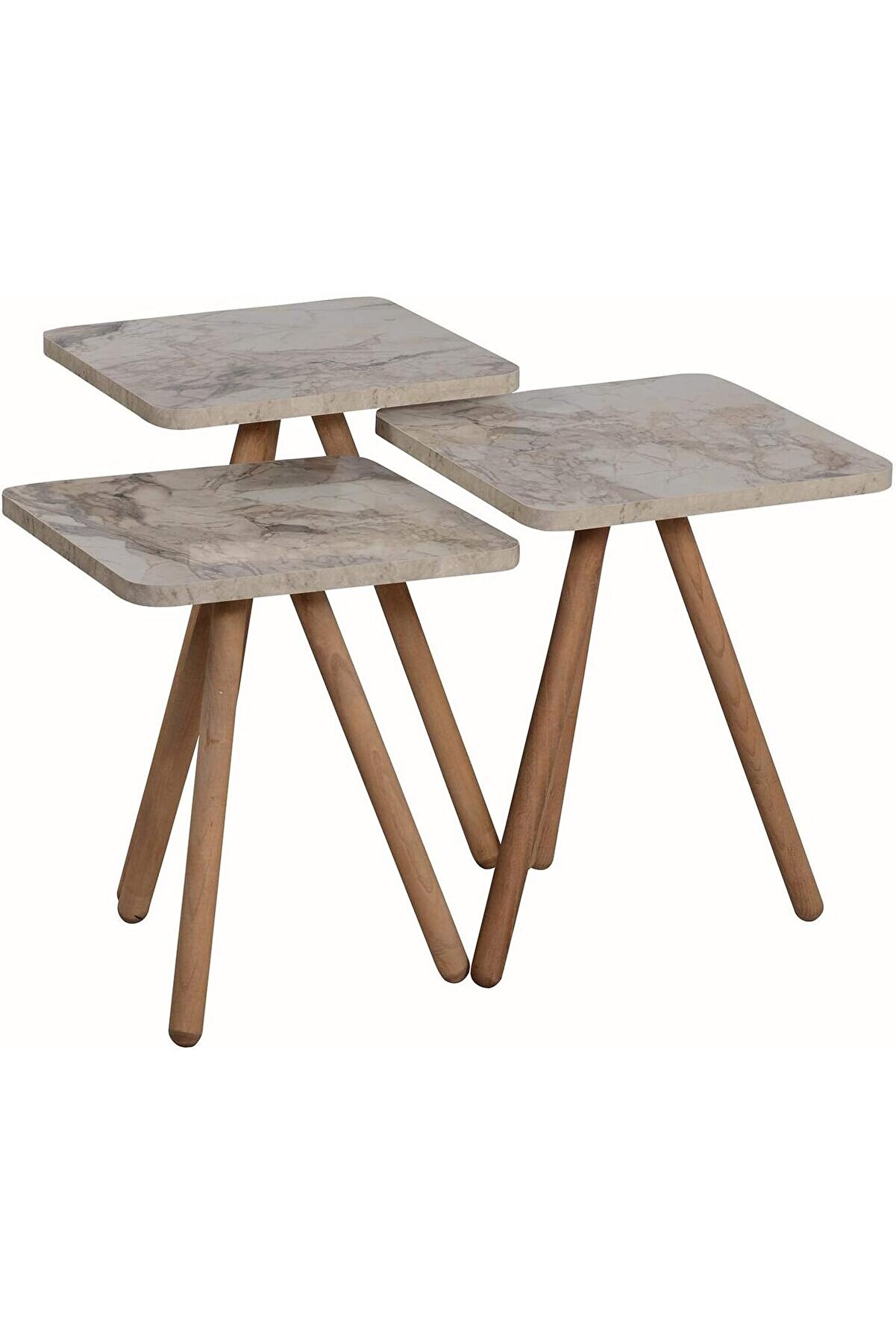 STOREMAX Üçlü Zigon Sehpa Ahşap Ayaklı Kare Tasarım Krem Mermer Desenli 1014773