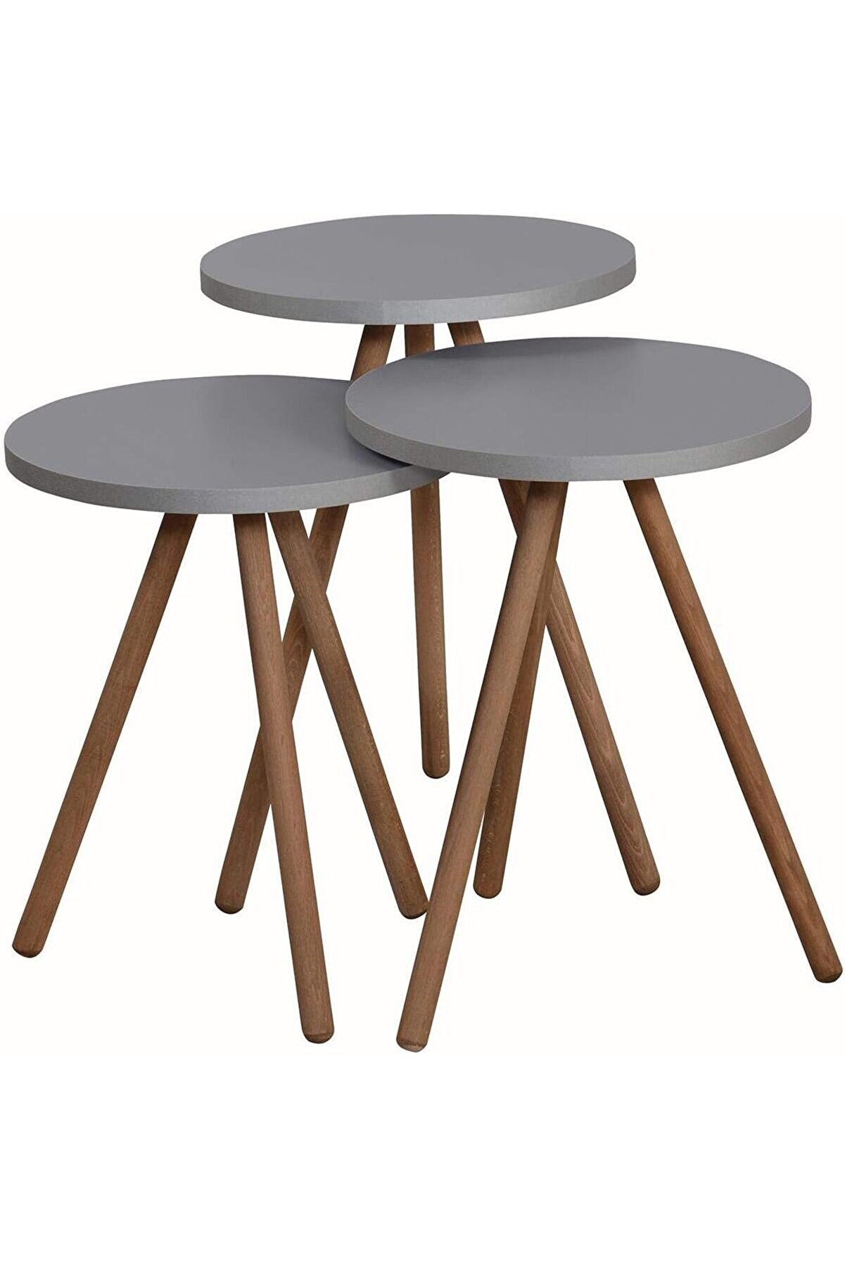 STOREMAX Renkli Üçlü Zigon Sehpa Ahşap Ayaklı Yuvarlak Pastel Tasarım Gri 1014773