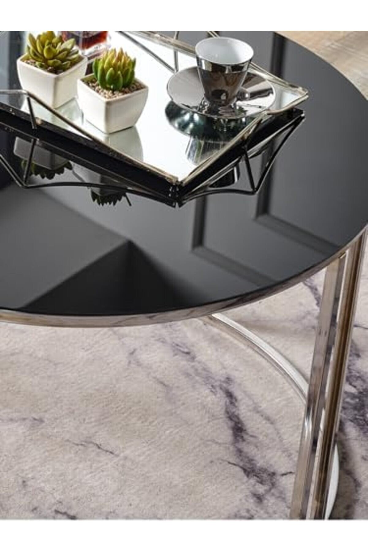 Orta Temperli̇ Si̇yah Aynalı (Kırılmaz) Cam (Gümüş) Metal Ayak Orta Sehpa 1014773