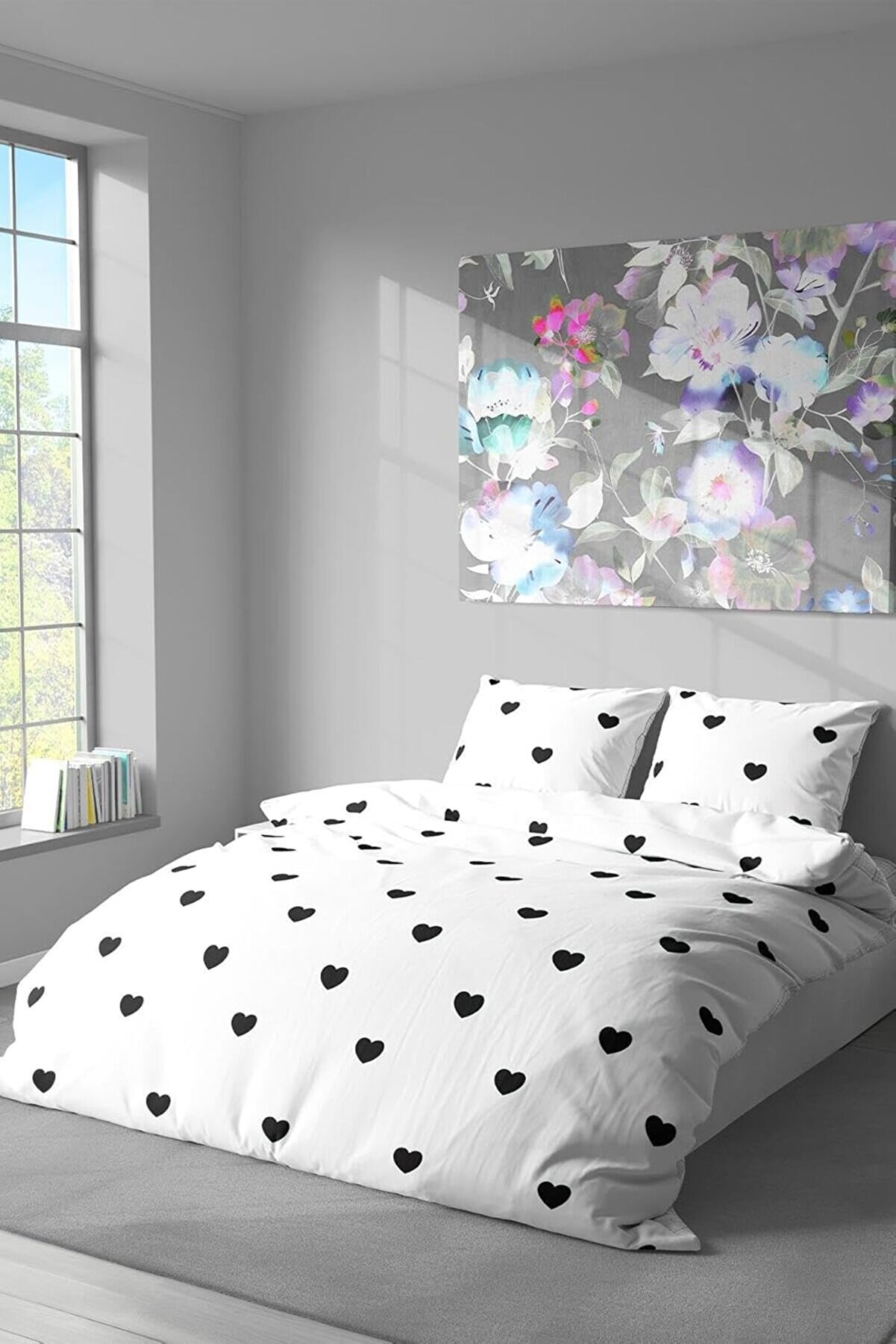 Teksti̇l Pamuklu &Ccedil;i̇ft Ki̇şi̇li̇k Nevresi̇m Seti̇ | Nevresi̇m Ve Yastık Kılıfı | &Ccedil;arşafsız Si̇yah Kalp Desenl