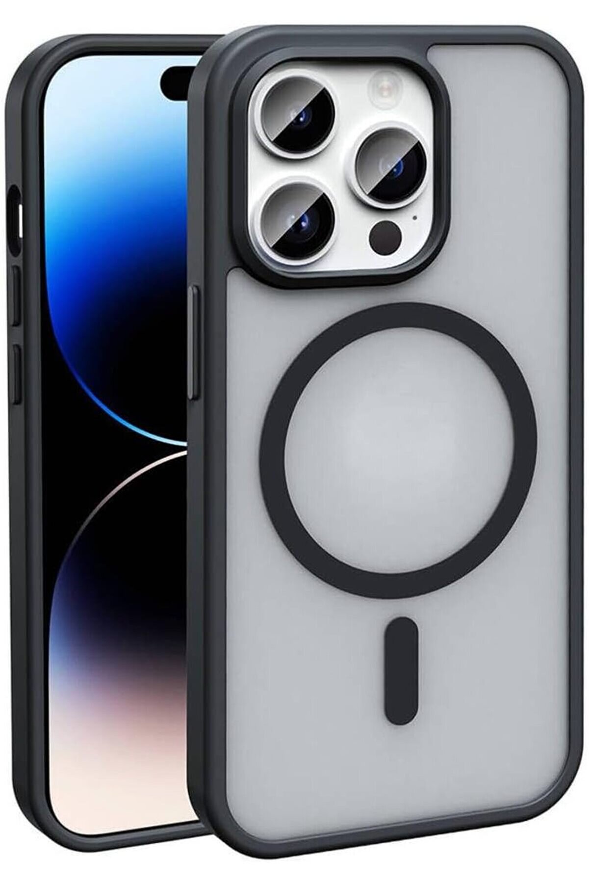 STOREMAX 14 Pro Max ile uyumlu ile uyumlu Sio Siyah Şeffaf Mat Silikon Kılıf &ndash; Kamera Korumalı, Şok Emici Ark