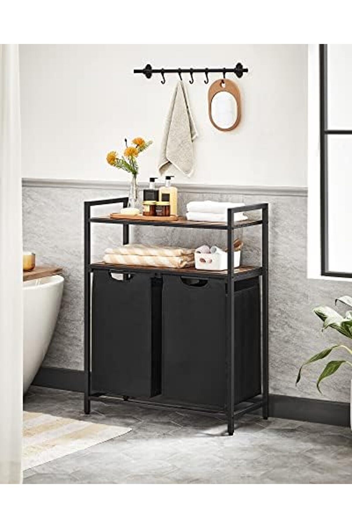 Çamaşır Sepeti̇, Çamaşır Kutusu, 2 Bölme, 2 Raf, Metal Çerçeve, 2 X 46 Li̇tre, 73 X 33 X 91 Cm, -Si̇yah