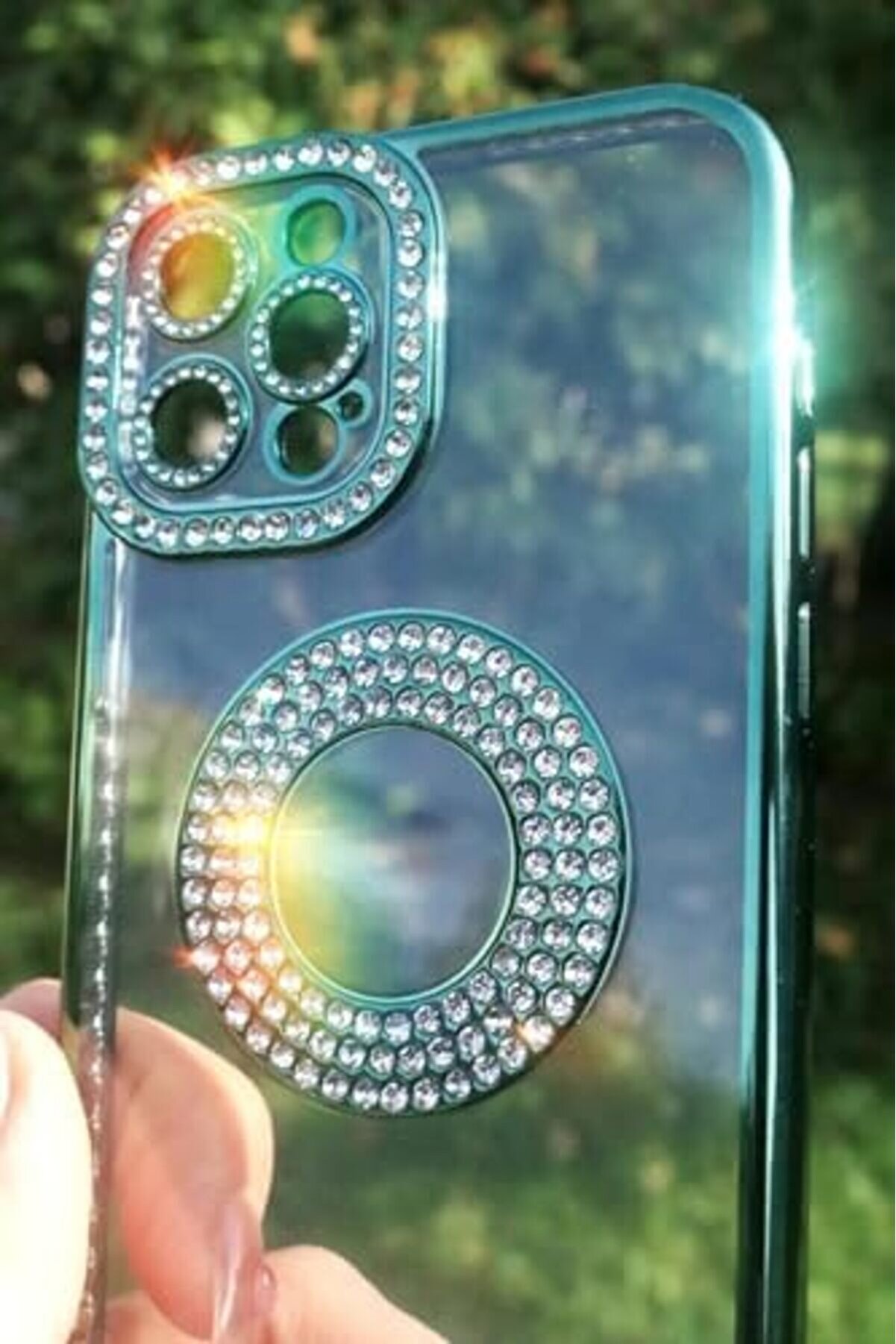 13 Pro İle Uyumlu Taşlı Parlak Logo Açık Kadın Kılıf Kapak (Yeşi̇l) 1014773