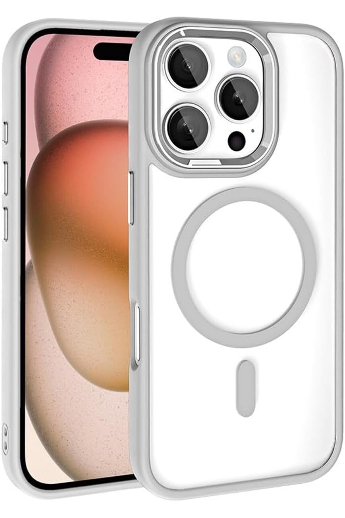 STOREMAX ile uyumlu 16 Pro Kılıf Şarj Özellikli Krom M-safe Silikon Kapak Gümüş 1014773