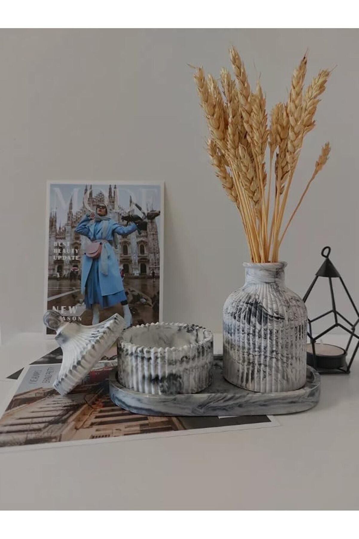 Mermer Desenli̇ Serami̇k Ve Mumluk Seti̇ - Modern Ve Mi̇ni̇mali̇st Dekorasyon 1014773