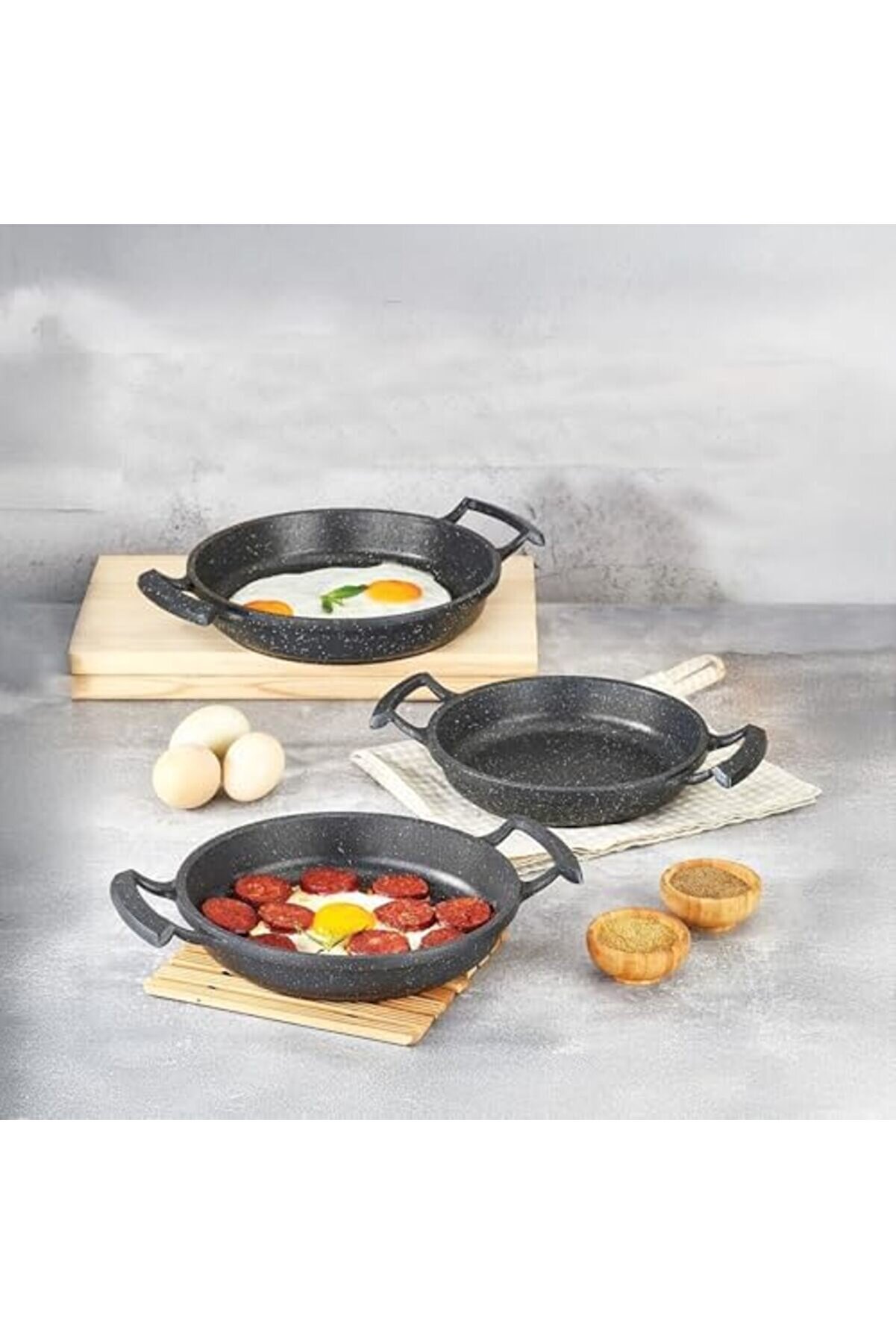 Modashi̇ne 3 Lü Döküm Sahan Seti̇, 3 Lü Yumurta, Omlet Tavası, 3 Boy Döküm Si̇yah Grani̇t Saha