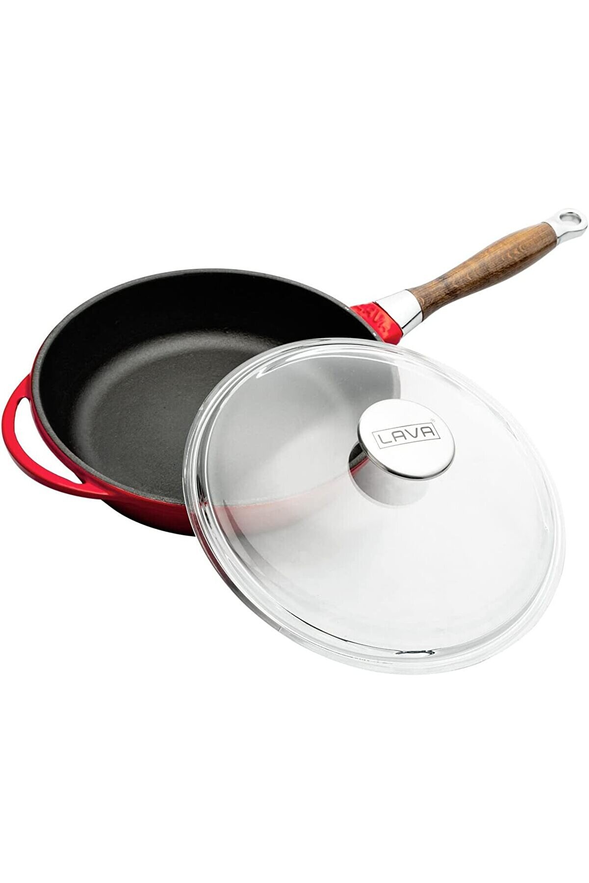 STOREMAX modashine Metal Cam Kapaklı Ahşap Kulplu Yuvarlak Kızartma Tavası, 24 cm, Kırımızı modascope 1014773