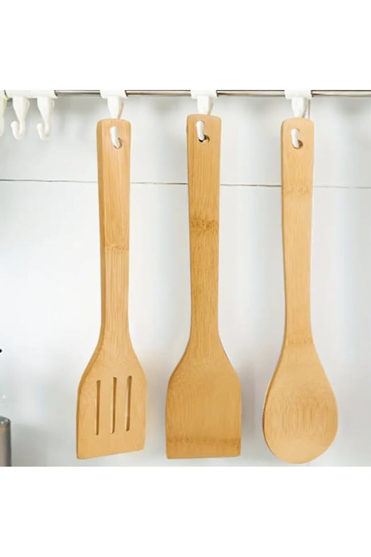 Modashi̇ne 5 Li̇ Büyük Boy Bambu Kaşık Spatula Mutfak Tahta Kaşık Seti̇ 30Cm Modascope 1014773