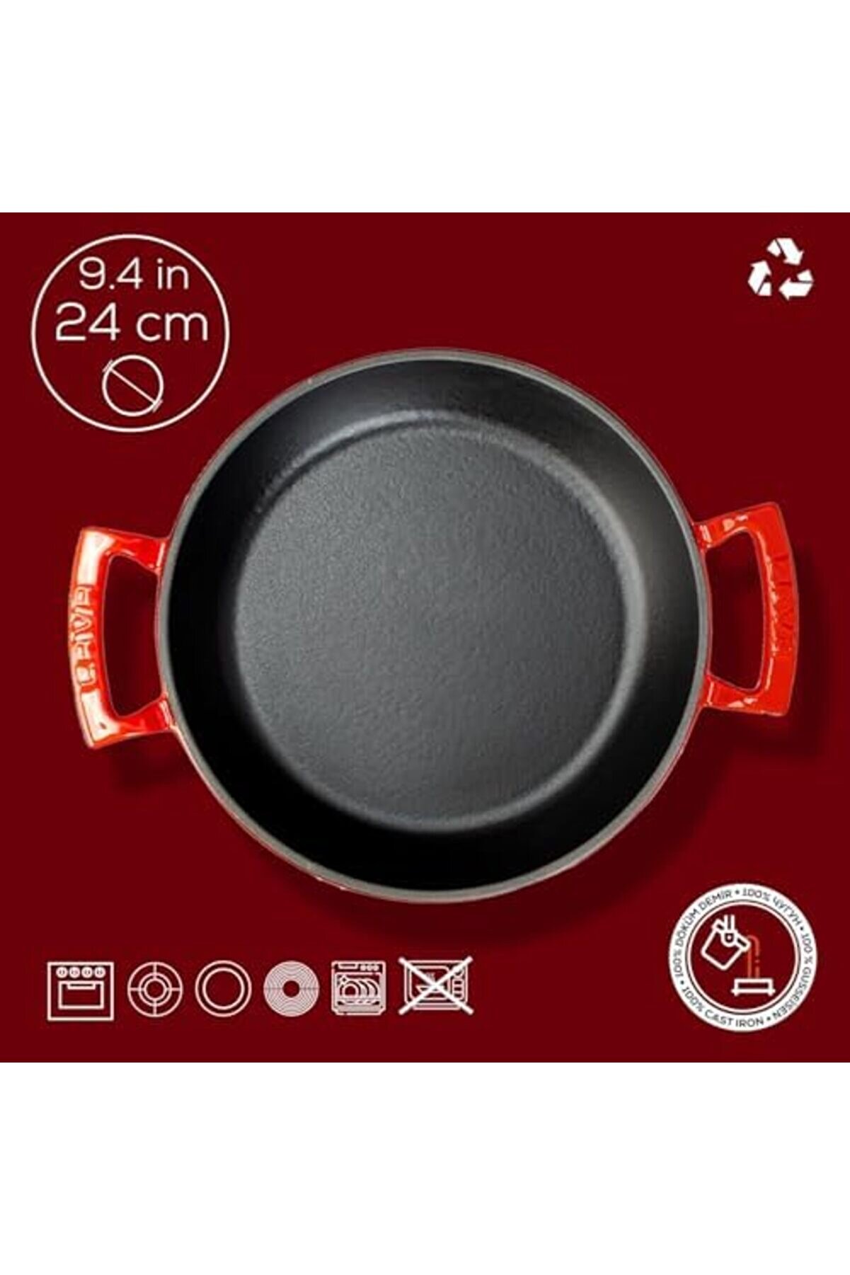 Modashi̇ne Döküm Yuvarlak Sahan Döküm Demi̇r Yekpare Çi̇ft Kulplu Çap(Ø)24Cm. Kırmızı Modascope 1014773