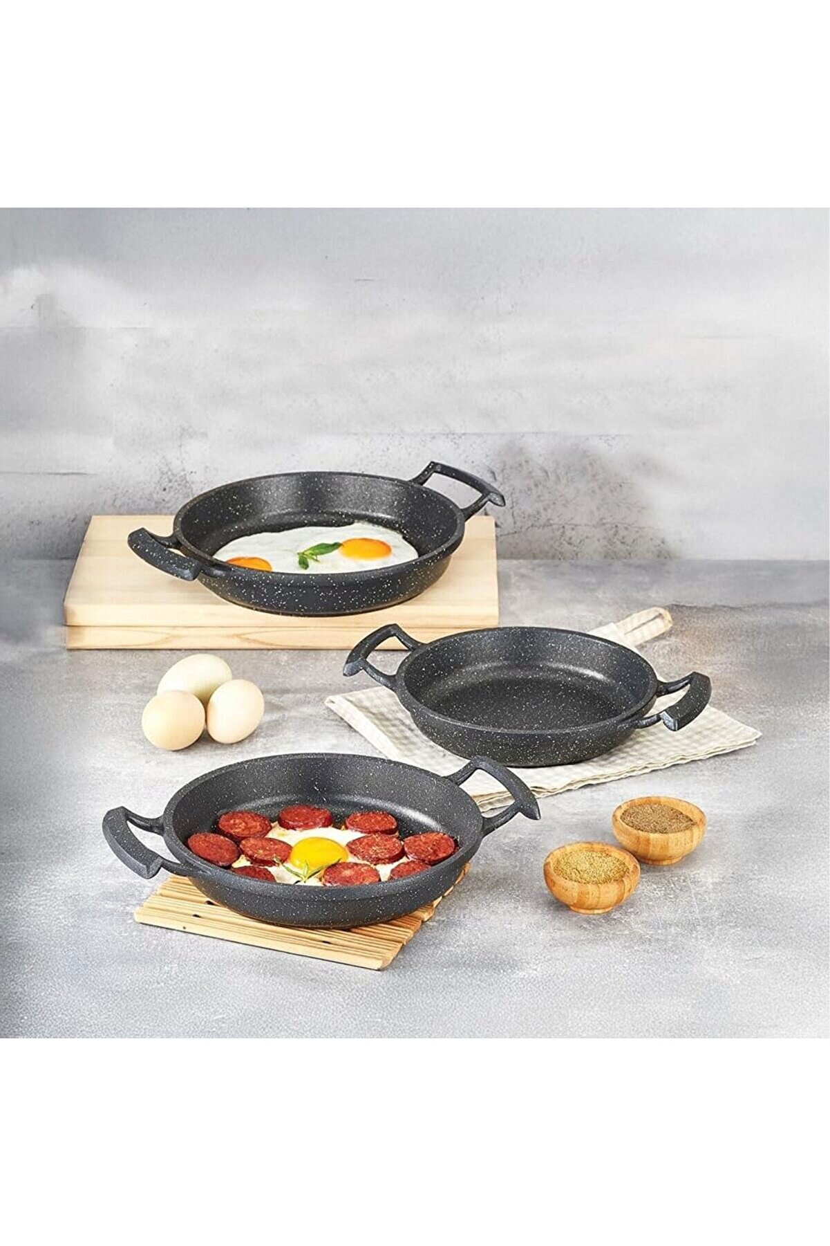 STOREMAX modashine 3'lü Döküm Sahan Seti, 3'lü Yumurta, Omlet Tavası, 3 Boy Döküm Siyah Granit Saha