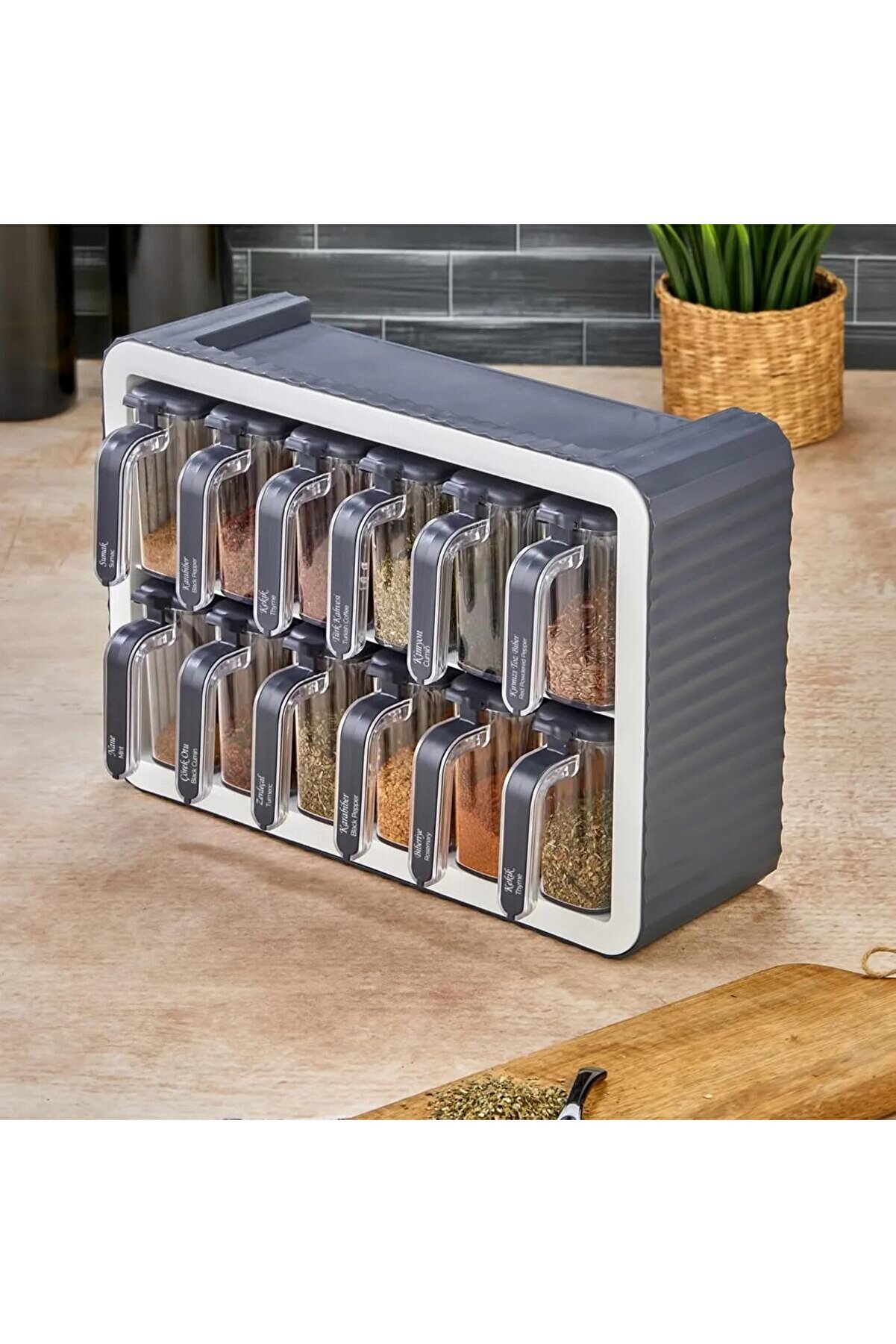 STOREMAX 12 li Standlı Kendinden Yapışkanlı Kapaklı Kaşıklı Baharatlık Takımı - Kulplu Baharatlık