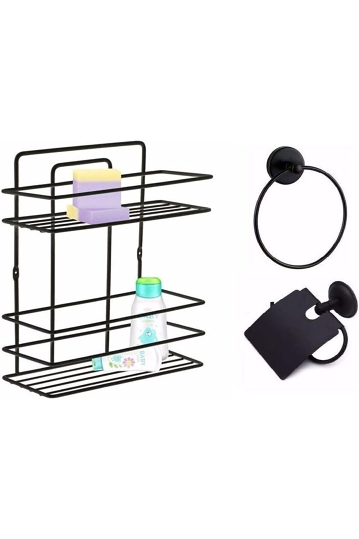 STOREMAX Aksesuar Seti 3 Lü Siyah, Ömür Boyu Paslanmaz Düz Rafı Şampuanlık Siyah Tş -02 1014773