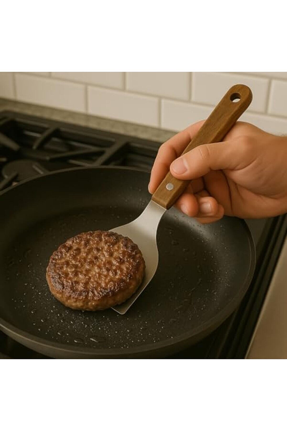 Modashi̇ne Ahşap Saplı Paslanmaz Çeli̇k Spatula – 24Cm Eği̇li̇mli̇ Çok Amaçlı Mutfak Spatulası |, Burger,