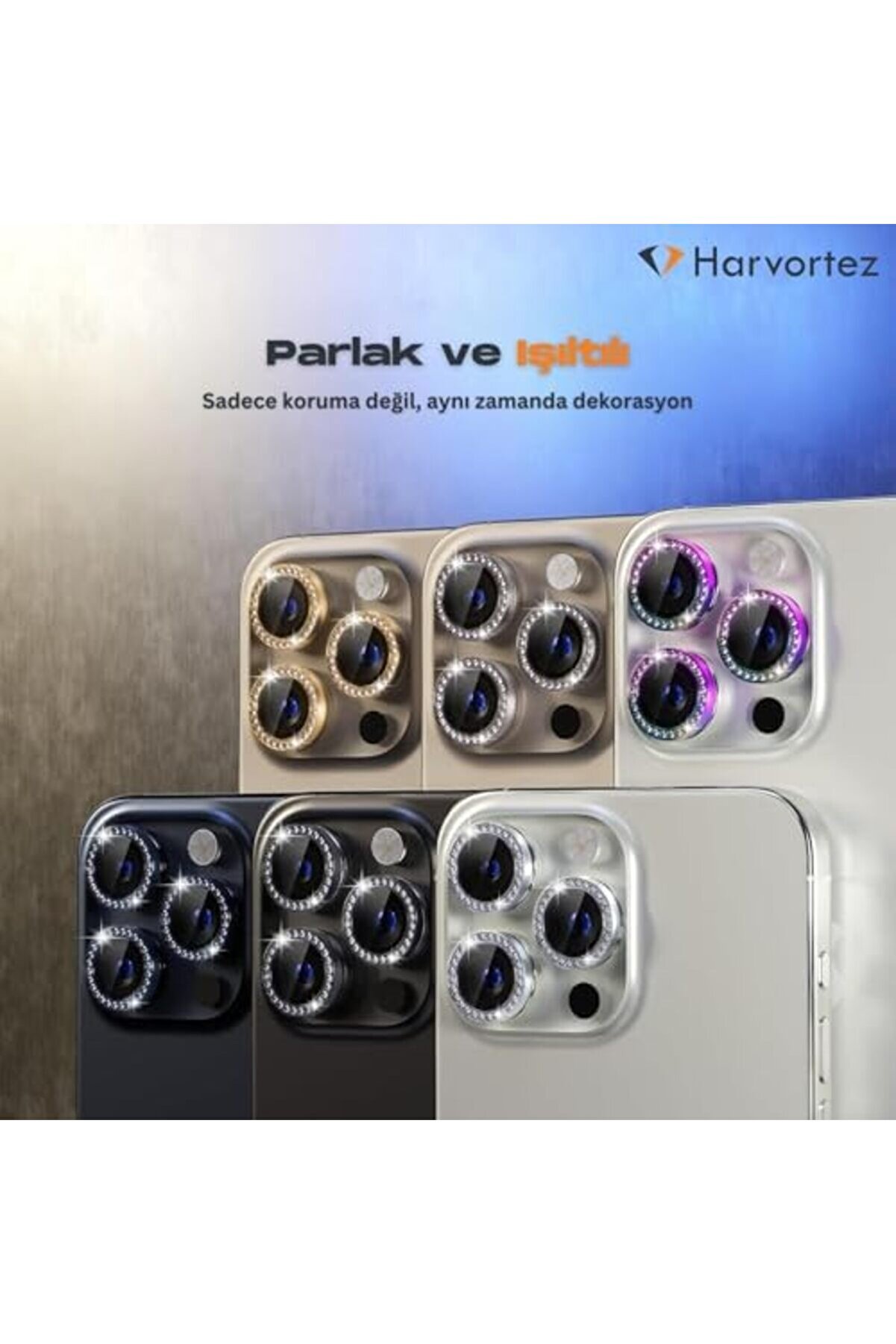 15 Pro,15 Pro Max İçi̇n, Taşlı, Kamera Lens, Basi̇t Kurulum, Hd Görüntü, Metal Çerçeve, 9H Temperli̇ Ca