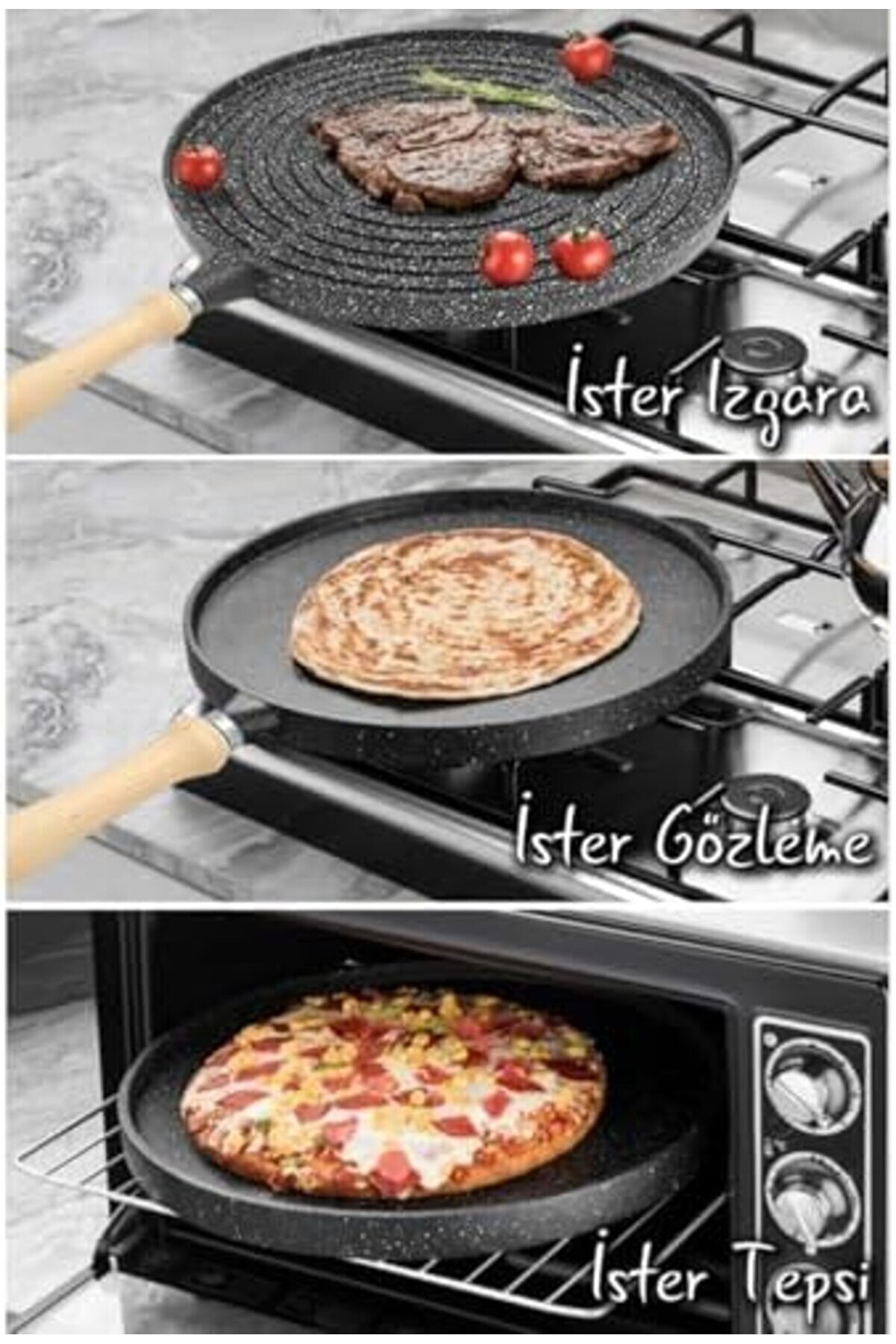 Yanmaz Yapışmaz Grani̇t Kaplama Döküm Çi̇ft Taraflı Izgara Ve Gözleme Tavası, Çi̇ft Taraflı Bazlama Ve