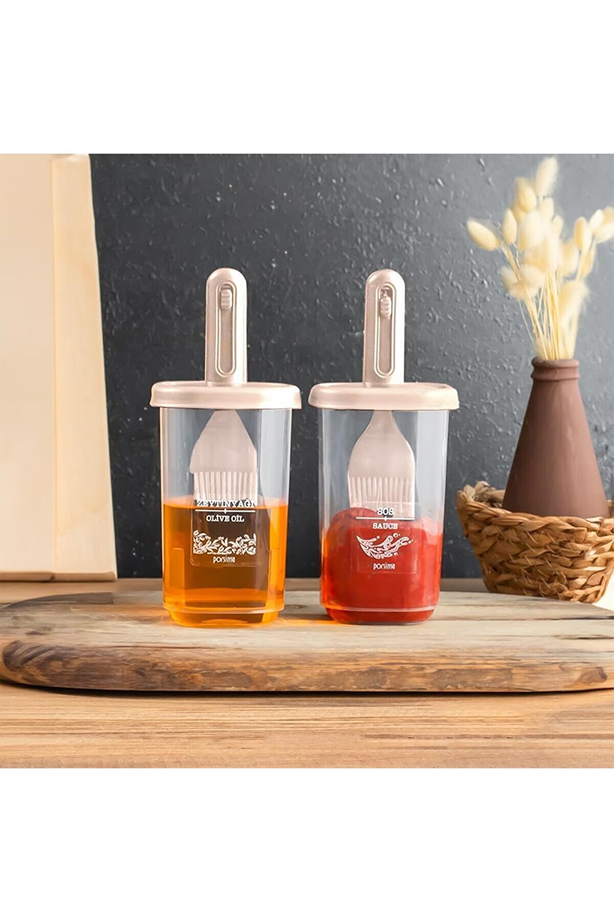 STOREMAX 0520 2'li Etiketli Silikon Fırçalı Yağlık - Sosluk-Yağdanlık Erzak Saklama Kabı 350cc - Cappucc