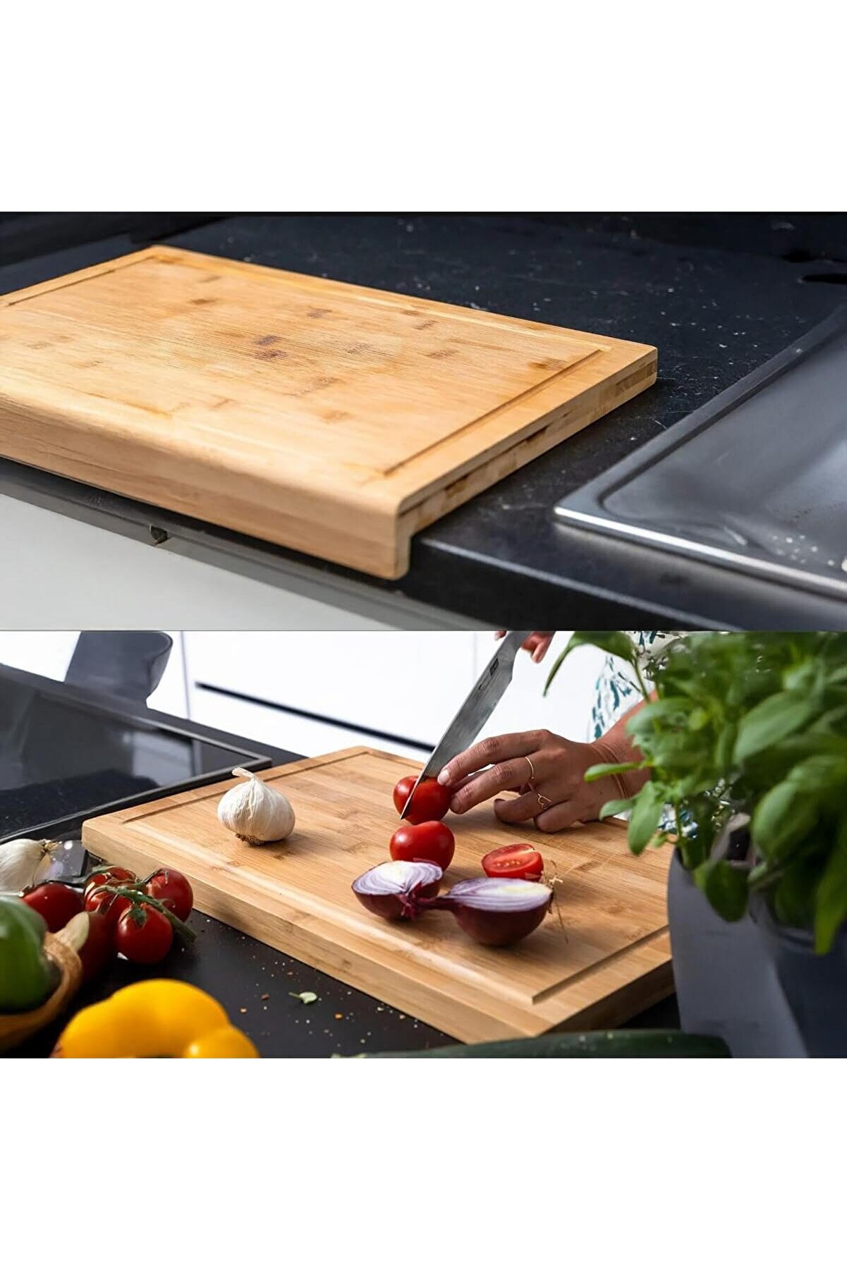 STOREMAX elizzashop Tezgah Üstü Bambu Kesme Tahtası, Kaymaz Ekmek Tahtası, Kenarlı Kesme Tepsisi Orta Boy (35