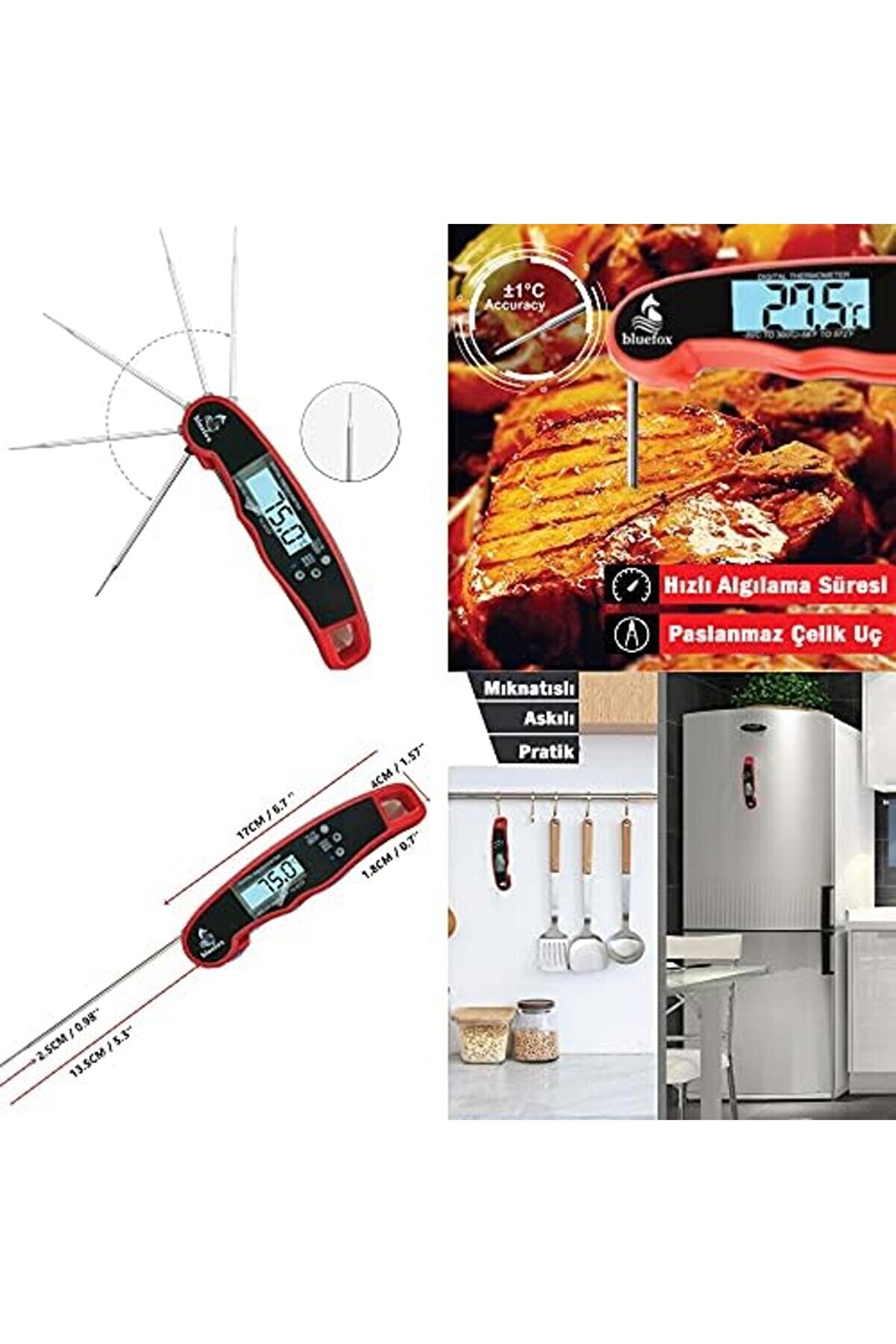 Di̇ji̇tal Hızlı Okunan Mutfak Termometresi̇ - Mıknatıslı, Katlanabi̇li̇r, Arkadan Aydınlatmalı Lcd Ekran,