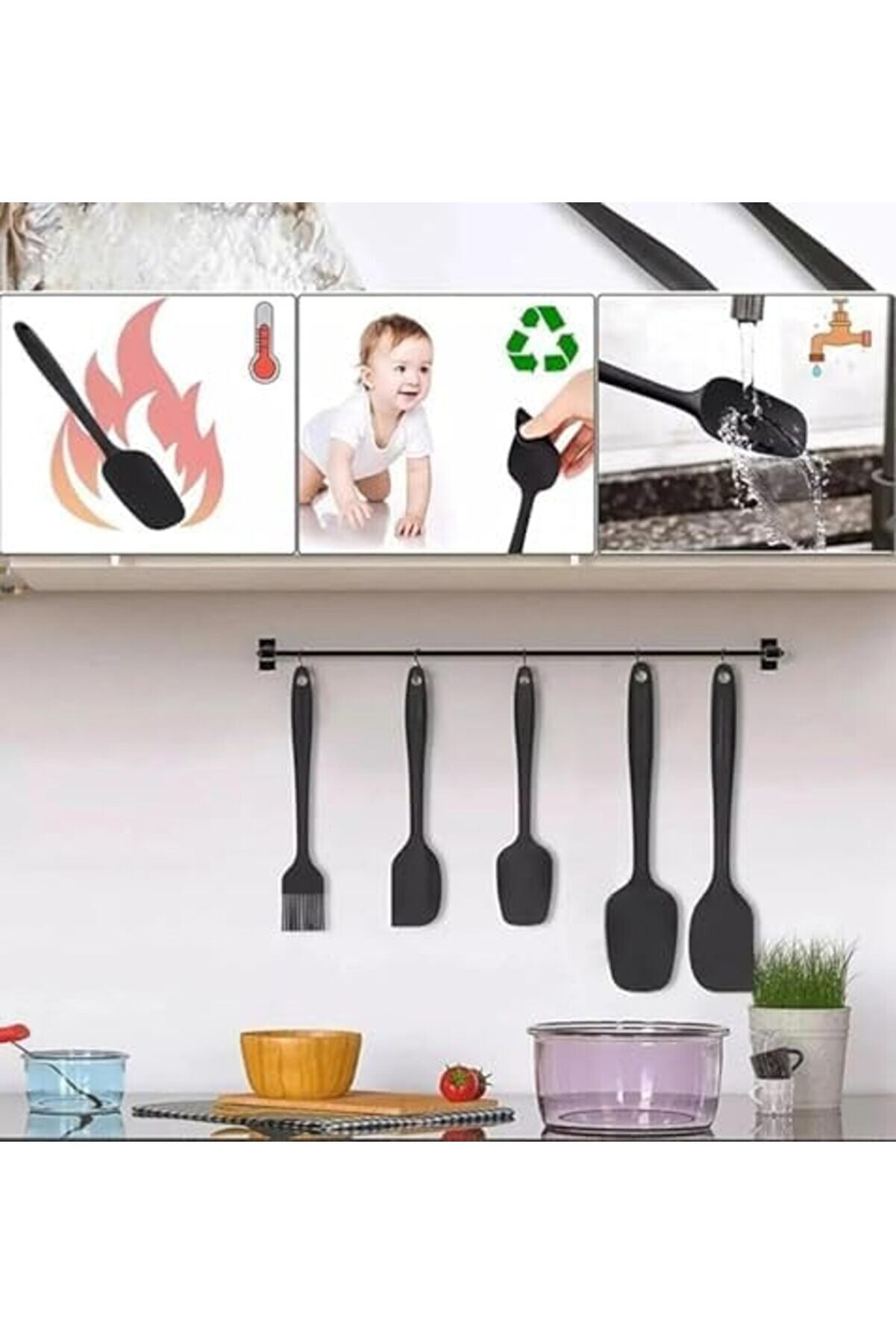 Modashi̇ne 5 Parça Si̇li̇kon Spatula Ve Fırça Seti̇, Si̇yah Modascope 1014773