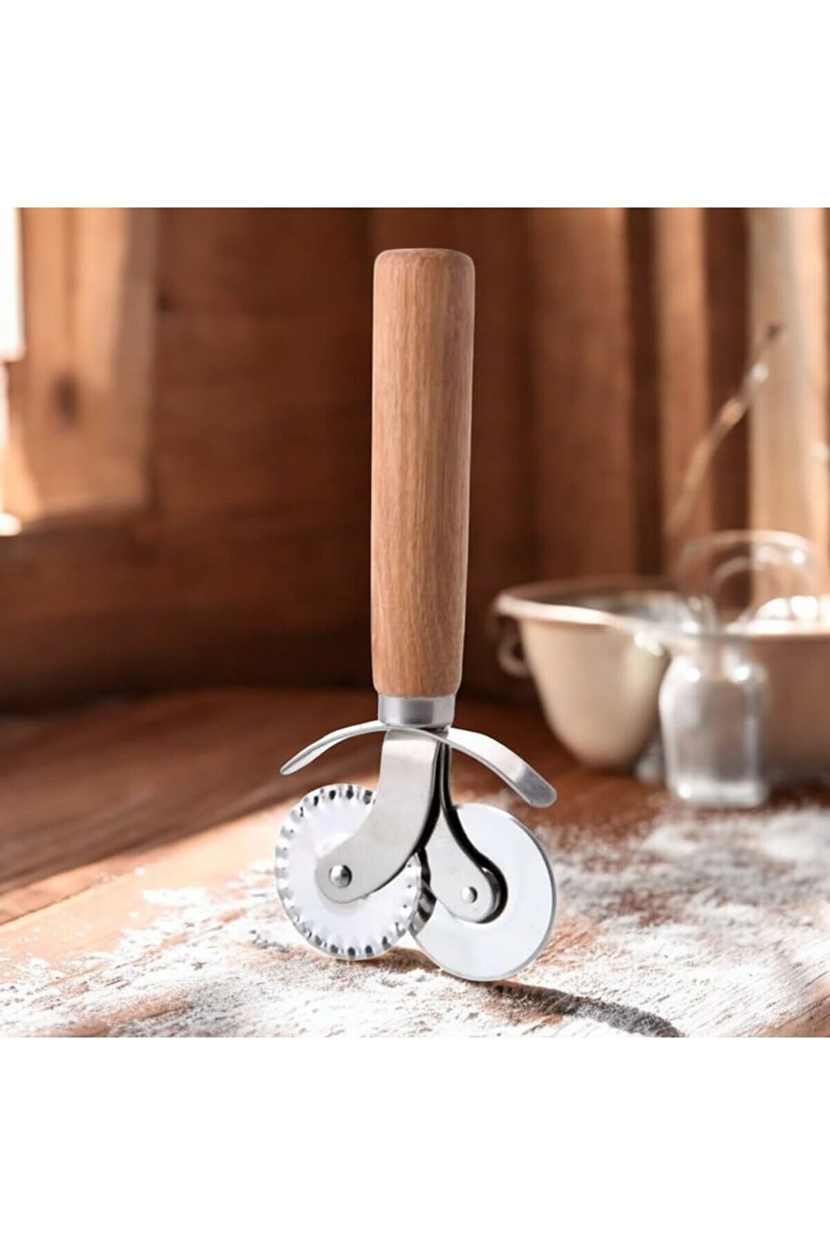 STOREMAX 1 Arada Ahşap Saplı Pizza ve Pide Hamur Kesme Ruleti, Çift Taraflı Çelik Bıçak, Pizza Börek Pide Ham