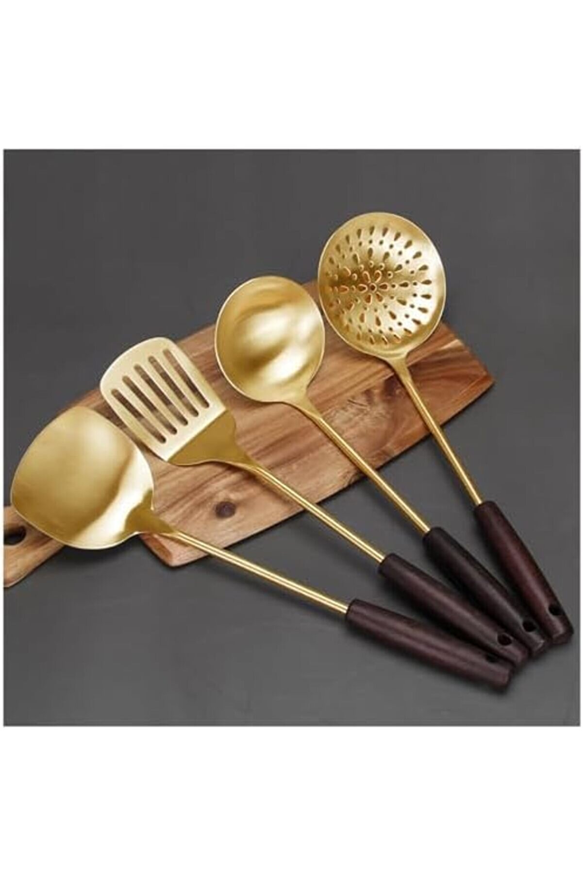 Eli̇zzashop Mutfak Pi̇şi̇rme Seti̇ - 4 Parça Uzun Ahşap Saplı Paslanmaz Çeli̇k Spatula, Kevgi̇r, Kepçe - L