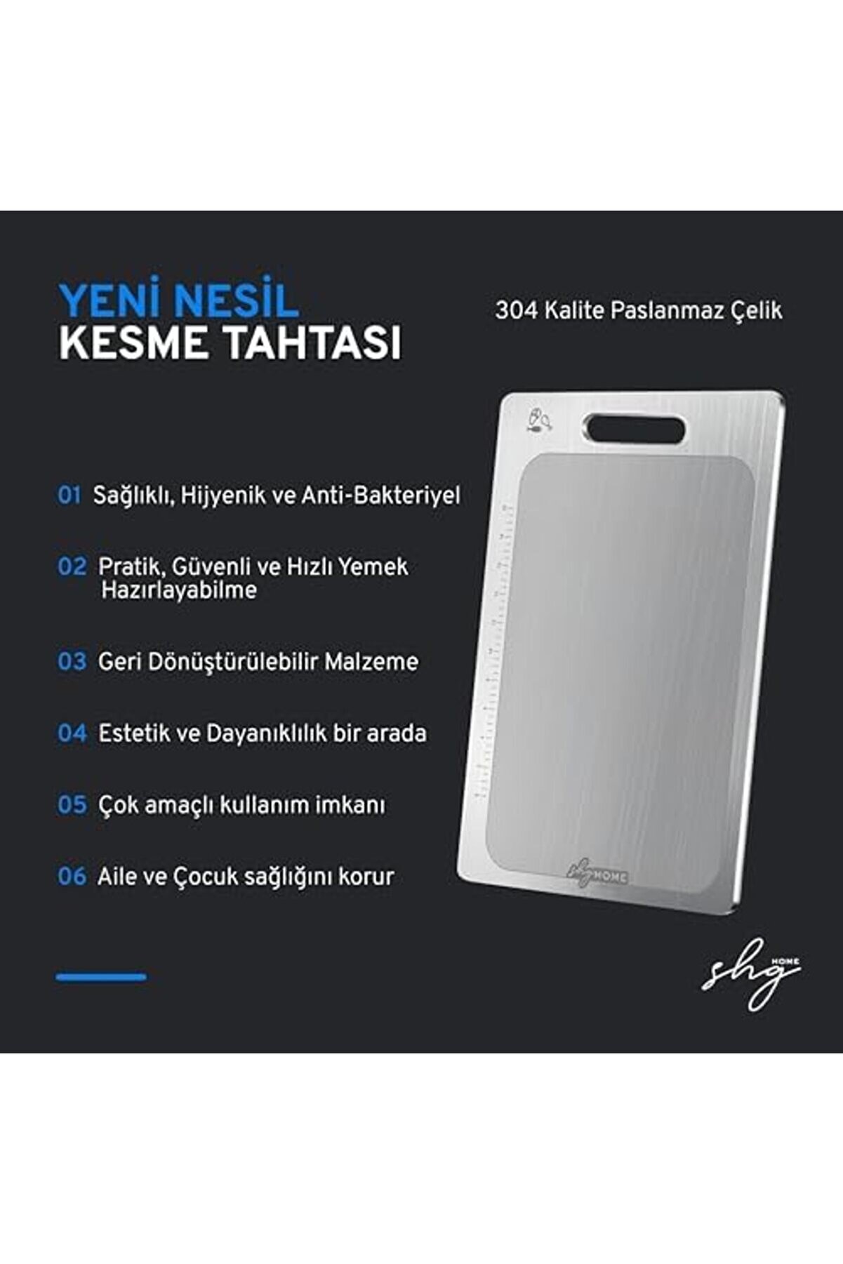 Home Özel Tasarımlı 304 Paslanmaz Çeli̇k Kesme Tahtası 3Lü Set (Saklama Kılıfı, Kesme Tahtası Ve Si̇li̇