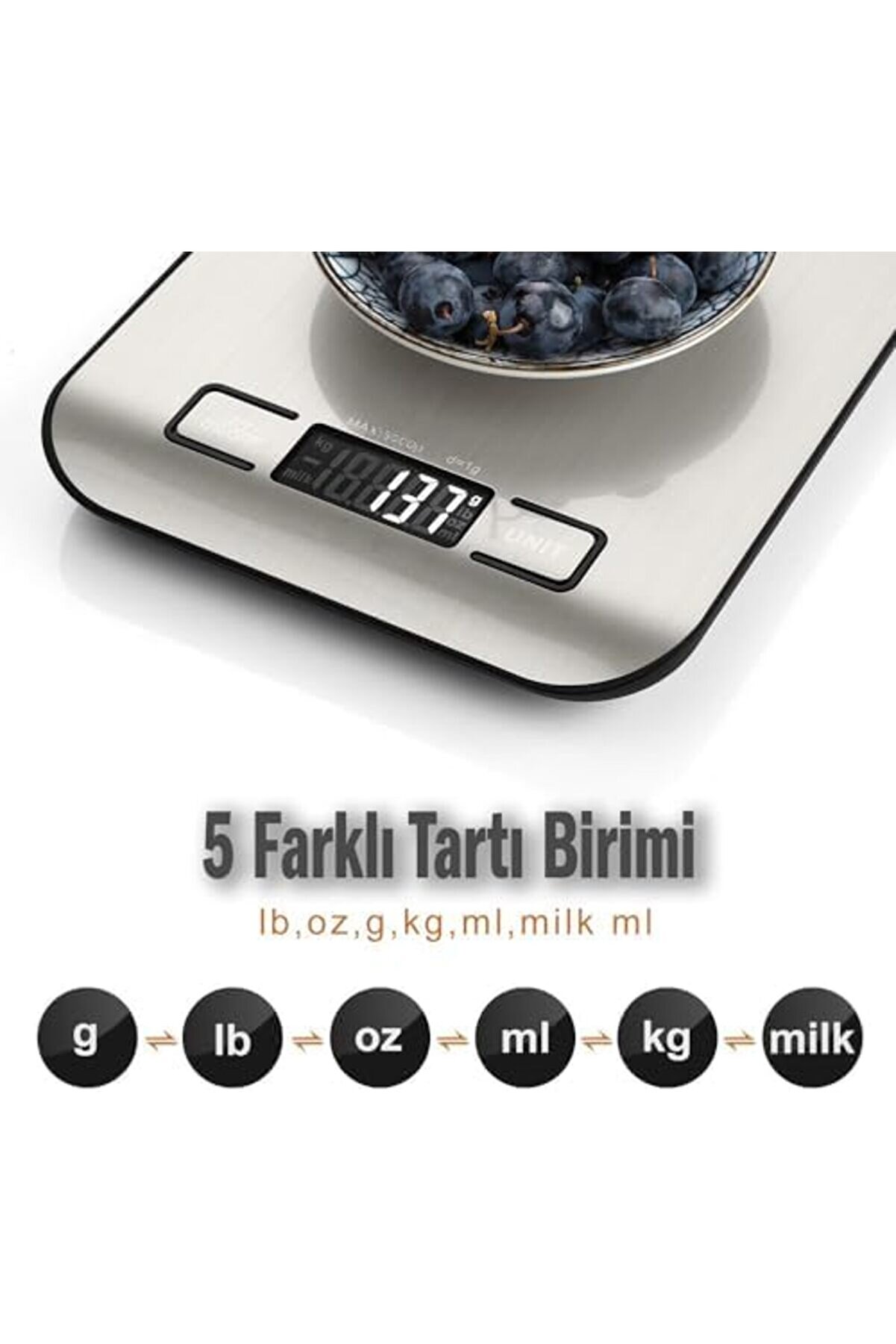 Modashi̇ne Mutfak Terazi̇si̇ – Paslanmaz Çeli̇k Yüzeyli̇ Tartı, 5 Kg Kapasi̇teli̇, Dara Özelli̇kli̇, Lcd Ekra