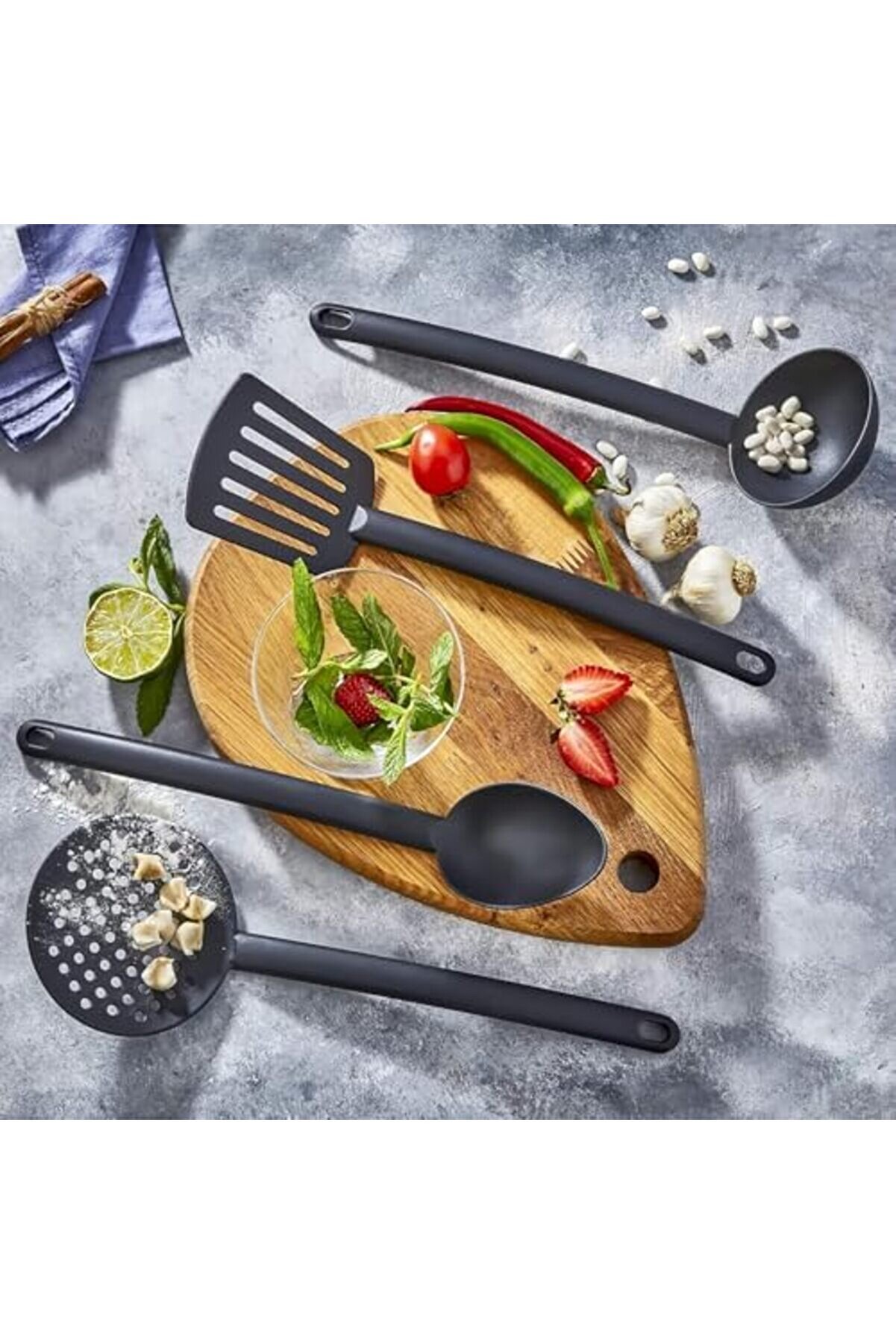 Home 4 Lü Yanmaz Yapışmaz Teflon Kaplama Mutfak Seti̇ - Kepçe, Kevgi̇r, Spatula Ve Kaşık Seti̇ 11