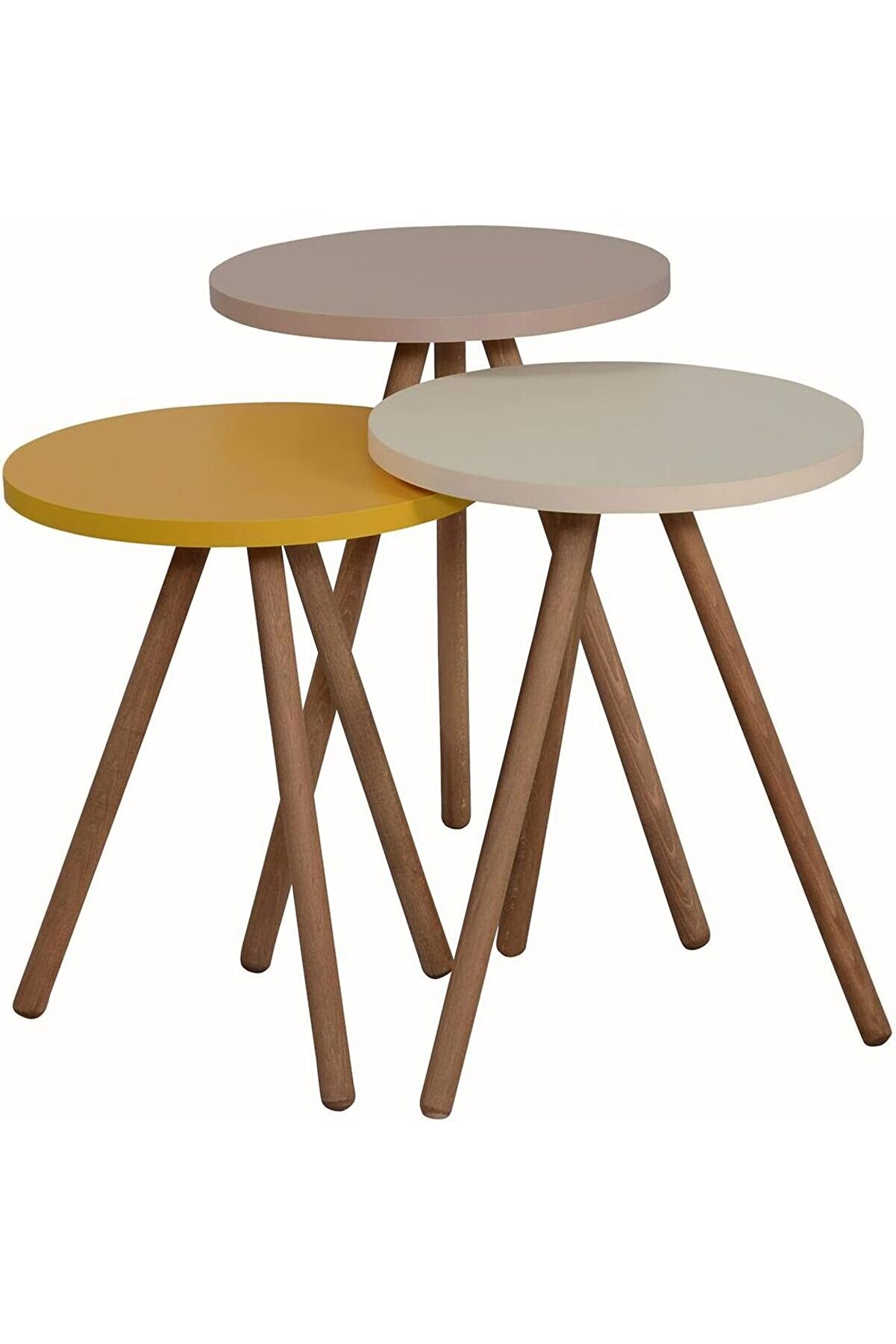 STOREMAX Renkli Üçlü Zigon Sehpa Ahşap Ayaklı Yuvarlak Pastel Tasarım Sarı Krem Cappuccino 1175713