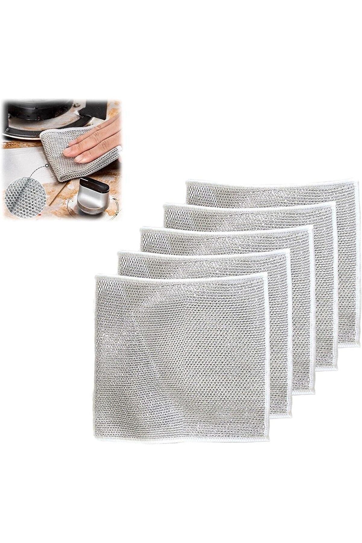 2024 5 Adet Inox Tel Bez Bulaşık Bezi̇ - Zor Ki̇r Bezi̇ - Mutfak Bezi̇ &Ccedil;i̇ft Katlı Taraflı (20X20Cm) 101