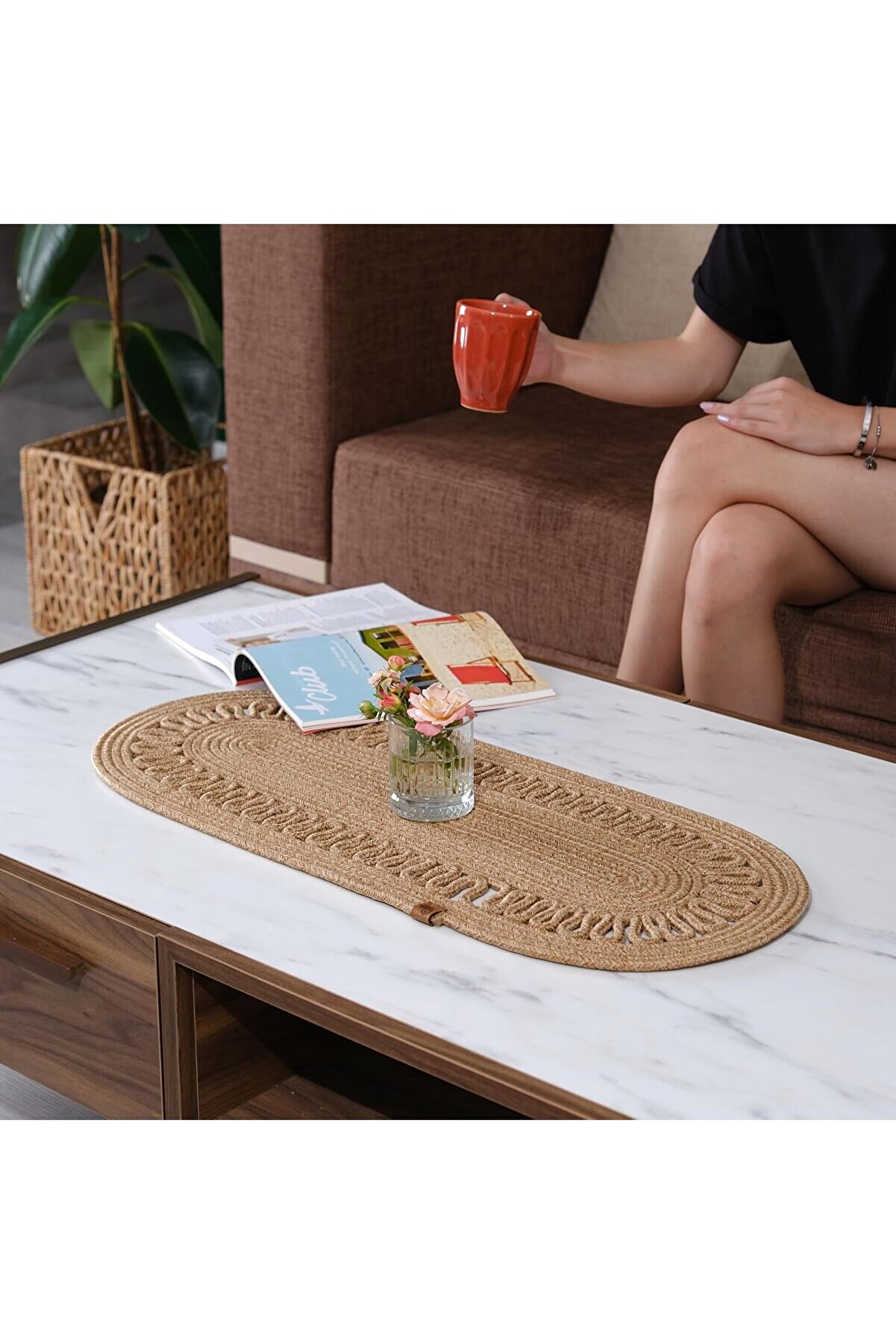 STOREMAX Doğal Jüt Dokuma Masa Örtüsü, Örgülü Sehpa Yolluğu, Oval Masa Örtüsü Yemek Masası veya Teras için (S