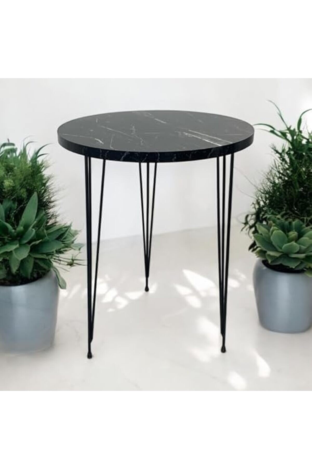 Tekli̇ Yuvarlak Zi̇gon Sehpa (Seyah Mermer) Metal Tel Ayak 1014773