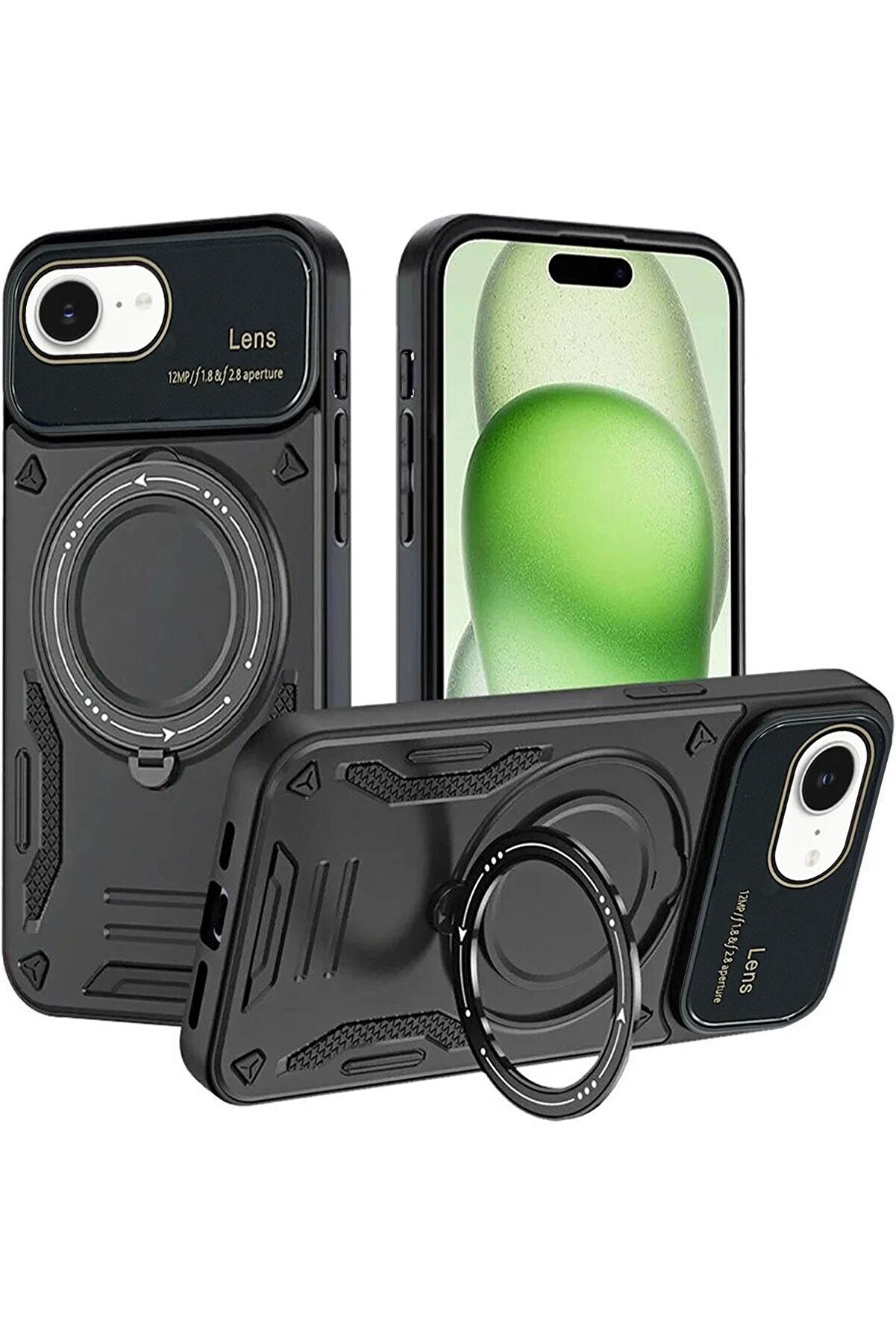 Ykavm Mrpurple İphone 16E Kılıf Joy Lens Standlı Kapak - Si̇yah-(5796)