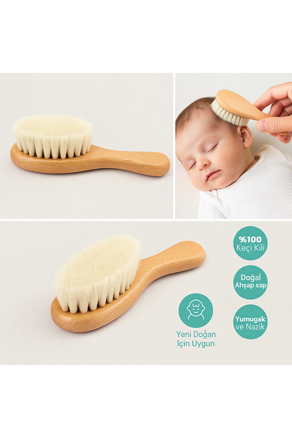 %100 Keçi̇ Kılı 2’Li̇ Bebek Saç Fırçası Seti̇ – Doğal Ahşap, Yeni̇ Doğan Ve Hassas Ci̇ltler İçi̇n