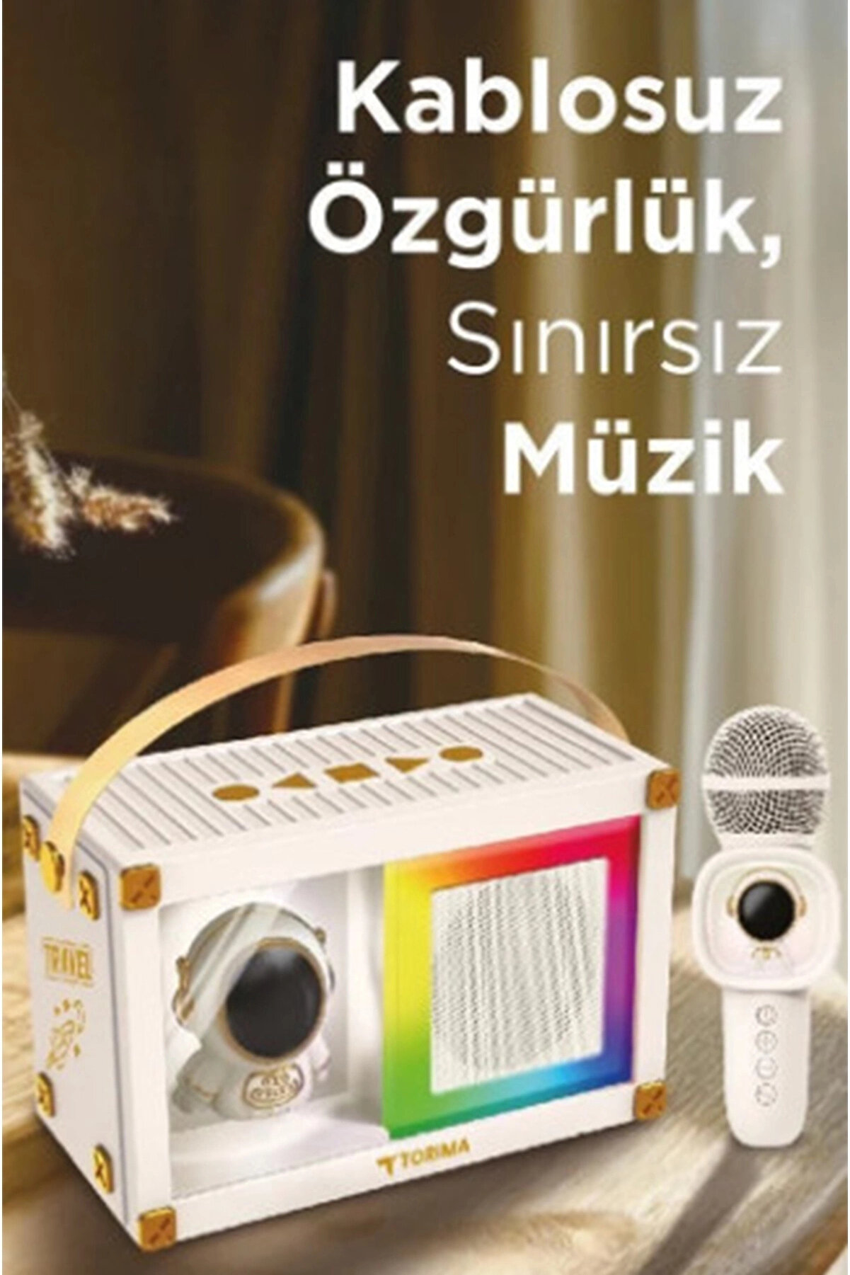 Taşınabi̇li̇r Rgb Işılı Sevi̇mli̇ Fi̇gürlü Mi̇krofonlu Karaoke Bluetooth Hoparlör Krem
