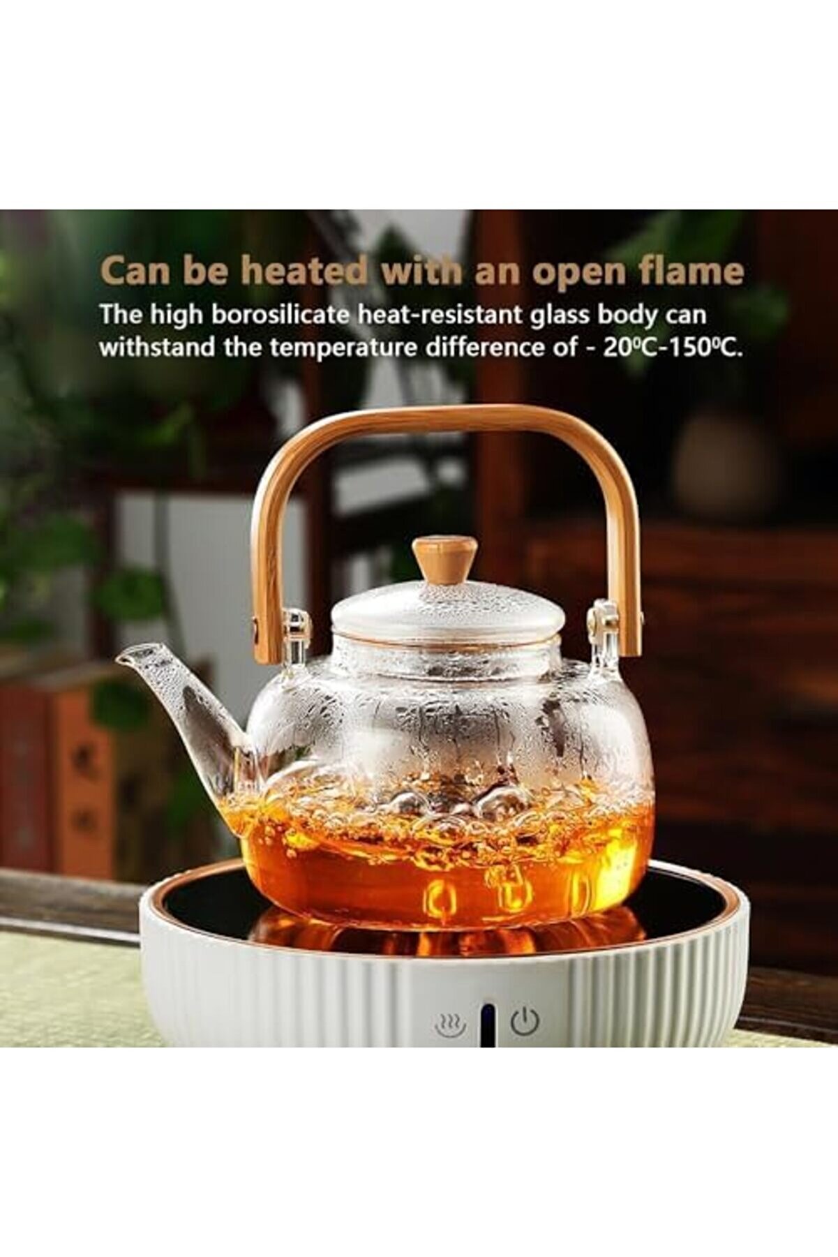 Modashi̇ne Bambu Saplı Dayanıklı Borosi̇li̇kat Cam S&uuml;zge&ccedil;li̇ Demli̇k 1000Ml, Dayanıklı Cam Bi̇tki̇ &Ccedil;ayı Dem