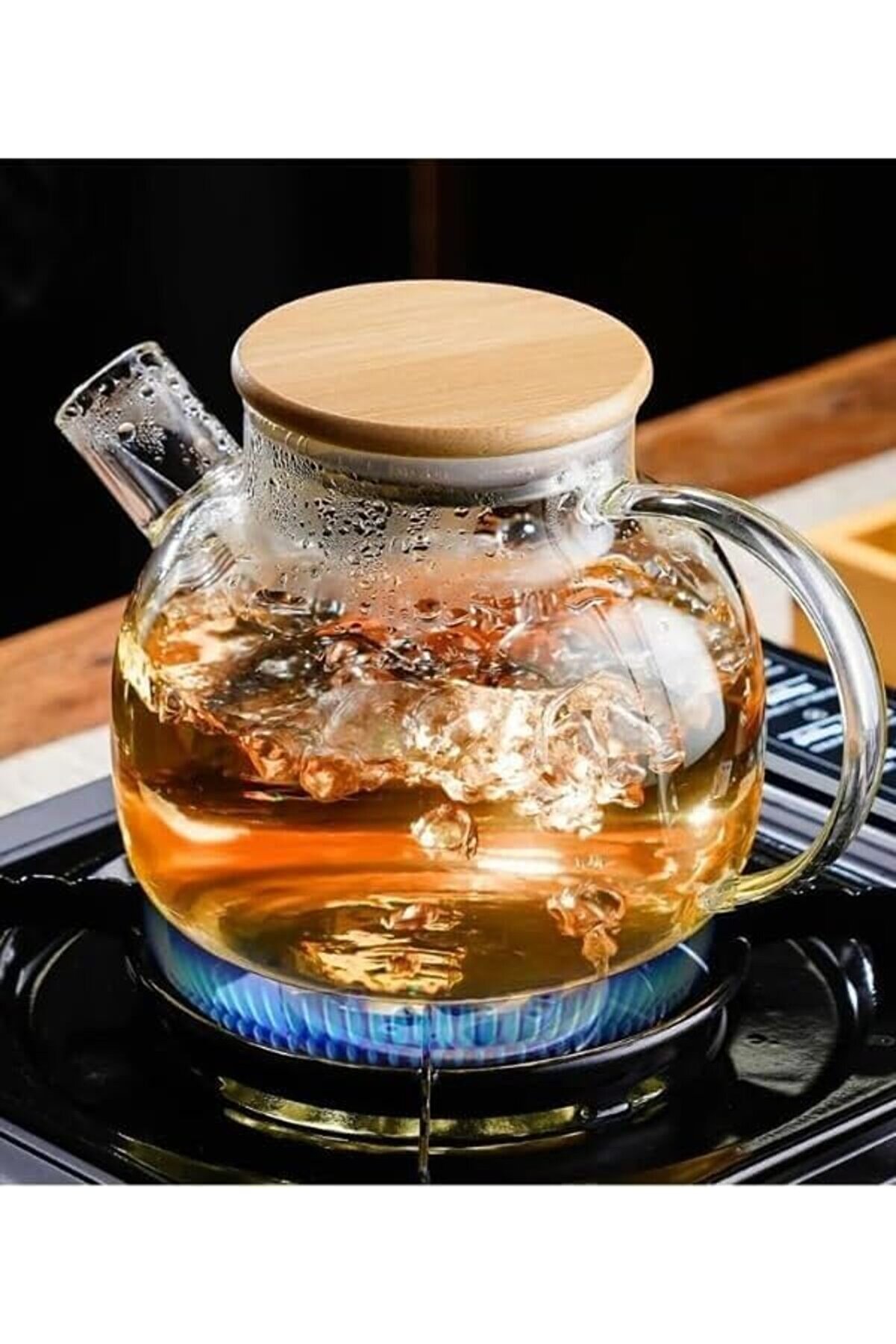 Mrtshoppng Vakumlu Bambu Kapaklı Dayanıklı Borosi̇li̇kat Cam Demli̇k, S&uuml;zge&ccedil;li̇ (1000 Ml) | Teapot. Vaku