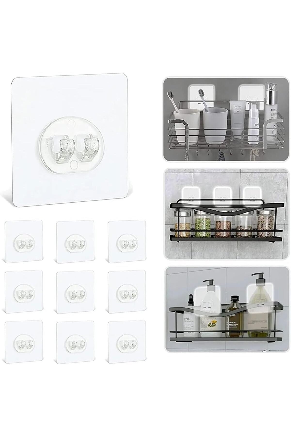 STOREMAX Home 10’lu Güçlü Kendinden Yapışkanlı Kancalar – Su Geçirmez Şeffaf Askı, Duş ve Köşe Rafı Tutucu Ya