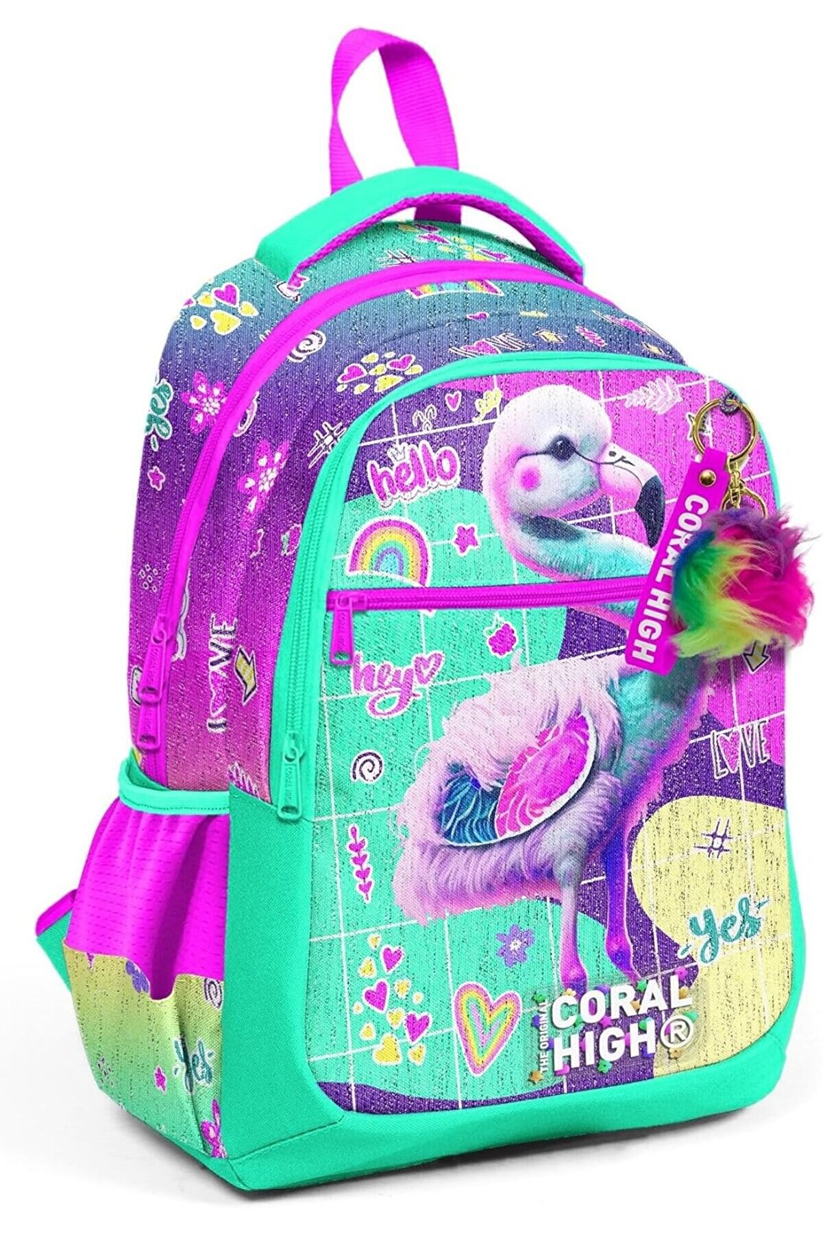 STOREMAX elizzashop High Pembe Su Yeşili Flamingo Desenli Kız Çocuk İlkokul Çantası ve Günlük Sırt Çantası el