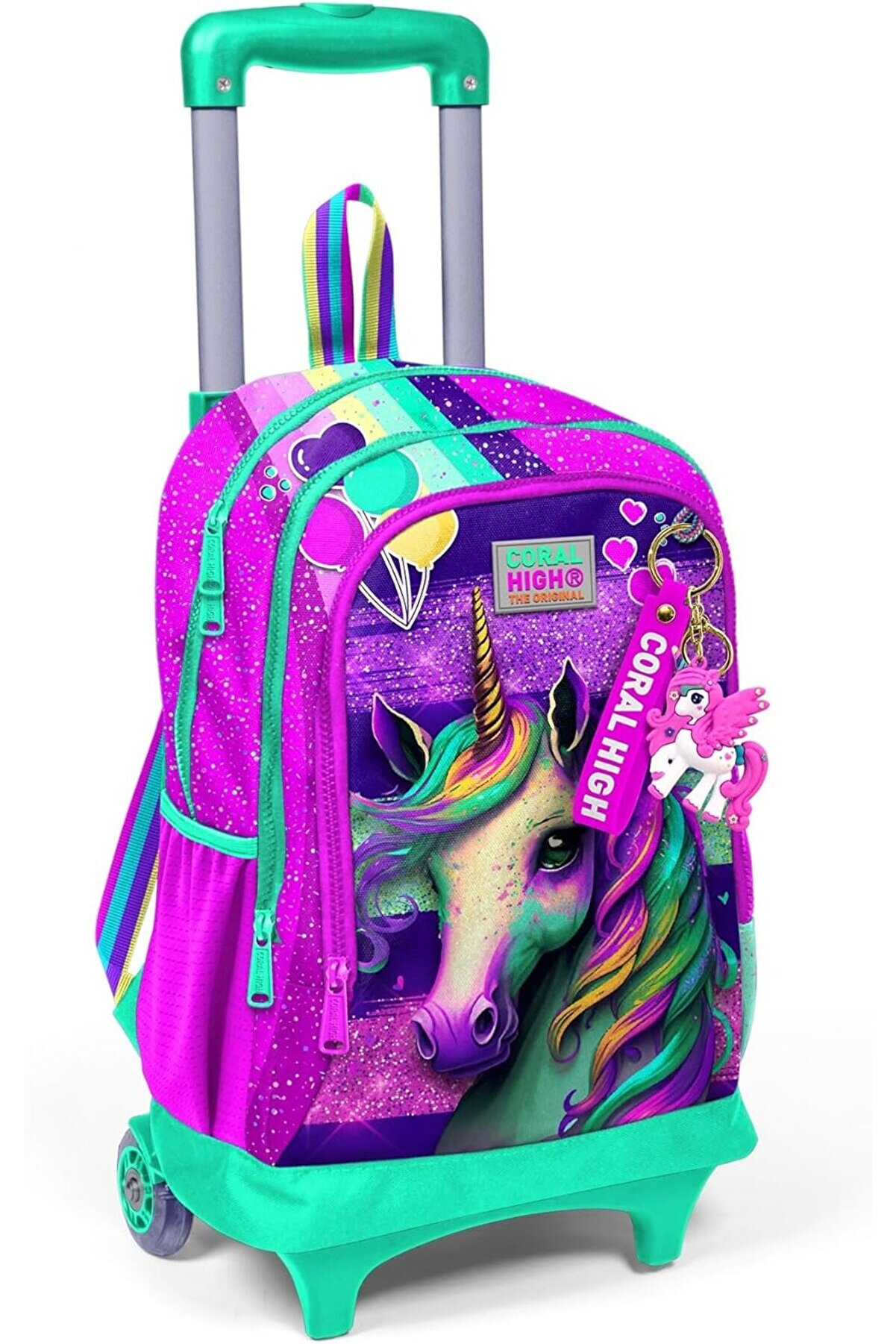 STOREMAX elizzashop High Işıklı Tekerlekli Pembe Su Yeşili Unicorn Çekçek Okul Çantası - Kız Çocuk elizzashop