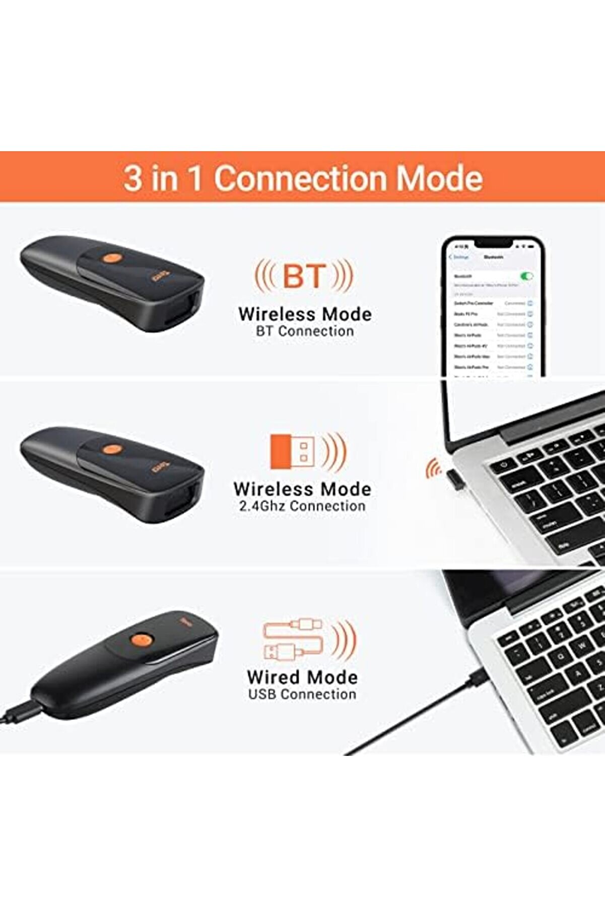 Modashi̇ne 1300 Kablosuz 1D 2D Qr Barkod Okuyucu | Mi̇ni̇ Taşınabi̇li̇r 3İn1 (, 2.4G, Usb) | Cep Ti̇pi̇ El