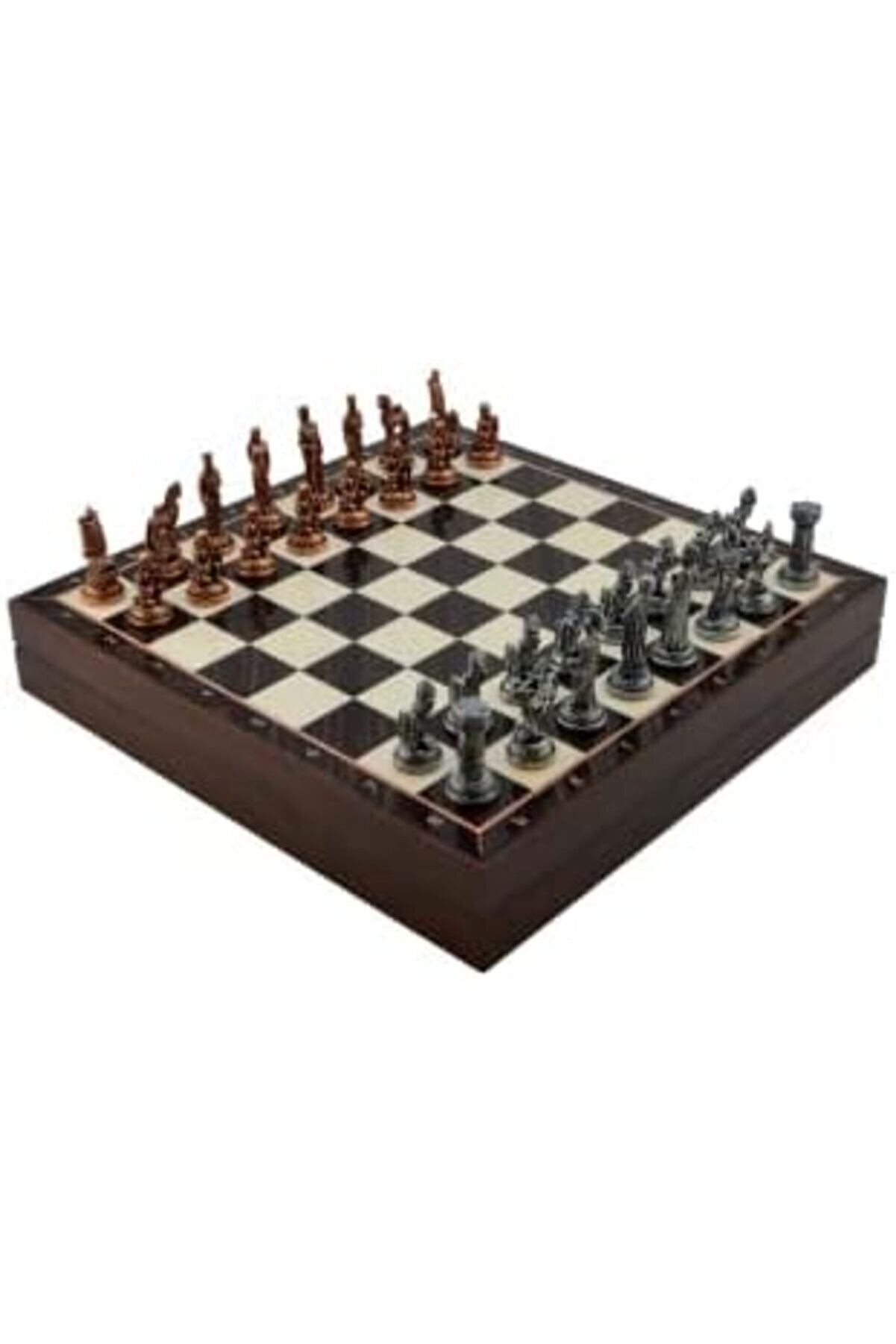 Orta Boy Metal Truva-Sparta Satranç Takımı Anti̇k Ve Cevi̇z Desenli̇ Sandıklı Mdf Tahtası (36X36X6 Cm.)