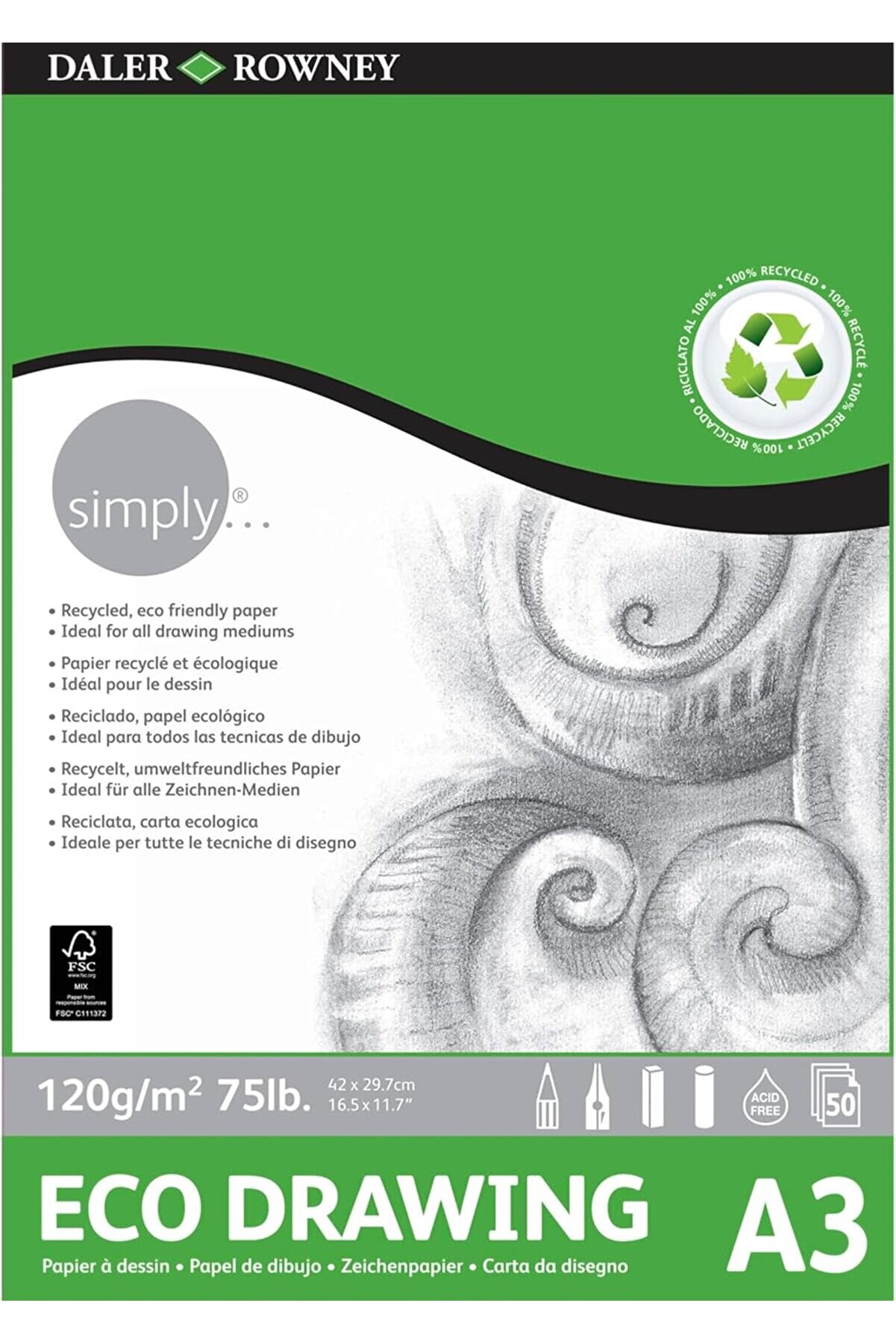 STOREMAX çizim bloğu, DALER ROWNEY Simply için ideal, format 29,7 x 42 cm, 120 g/m² ince tanecikli 50 yaprak